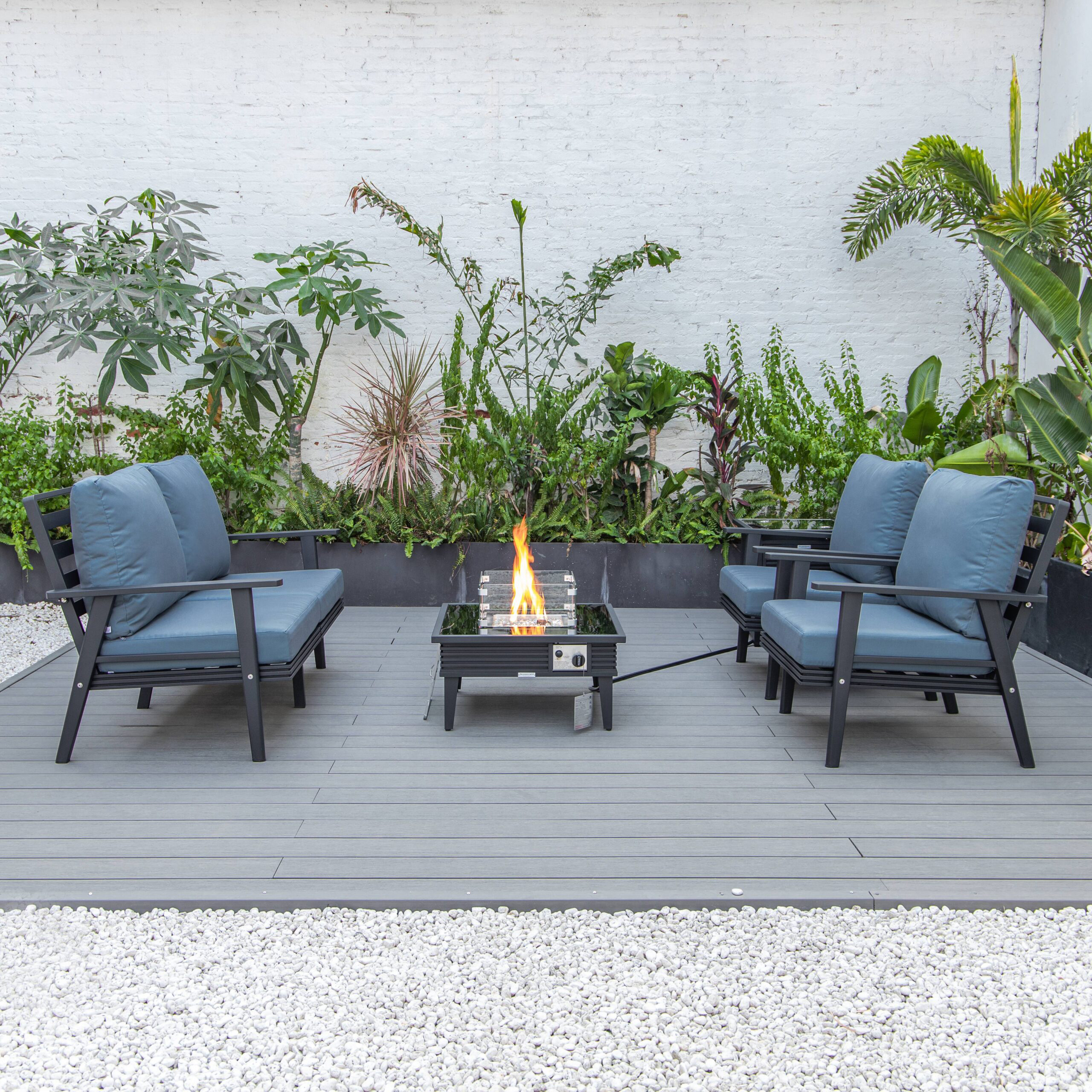 LeisureMod™ Walbrooke Modern Black Patio Conversation With Square Fire Pit With Slats Design & Tank Holder - Navy Blue