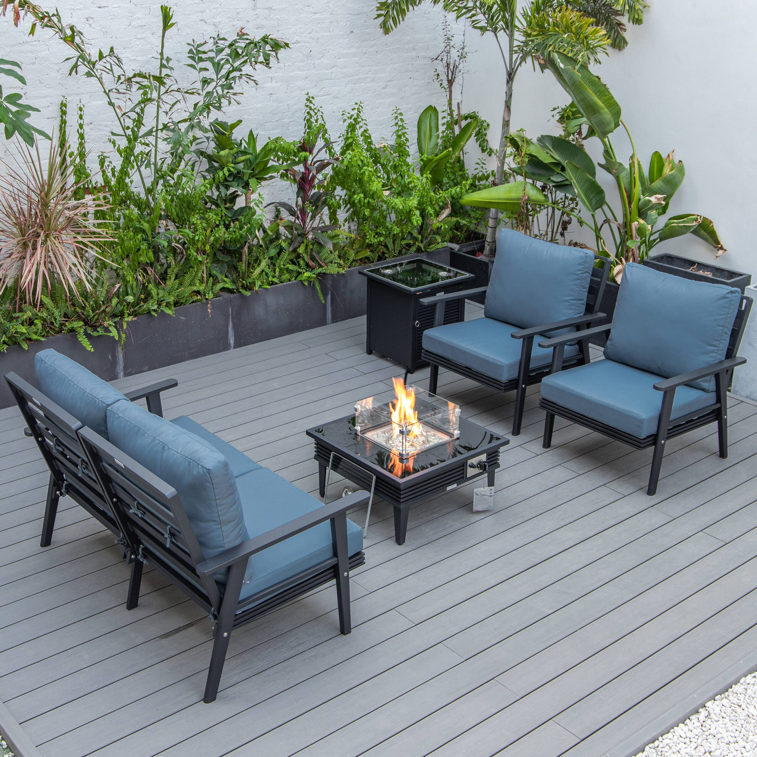 LeisureMod™ Walbrooke Modern Black Patio Conversation With Square Fire Pit With Slats Design & Tank Holder - Navy Blue