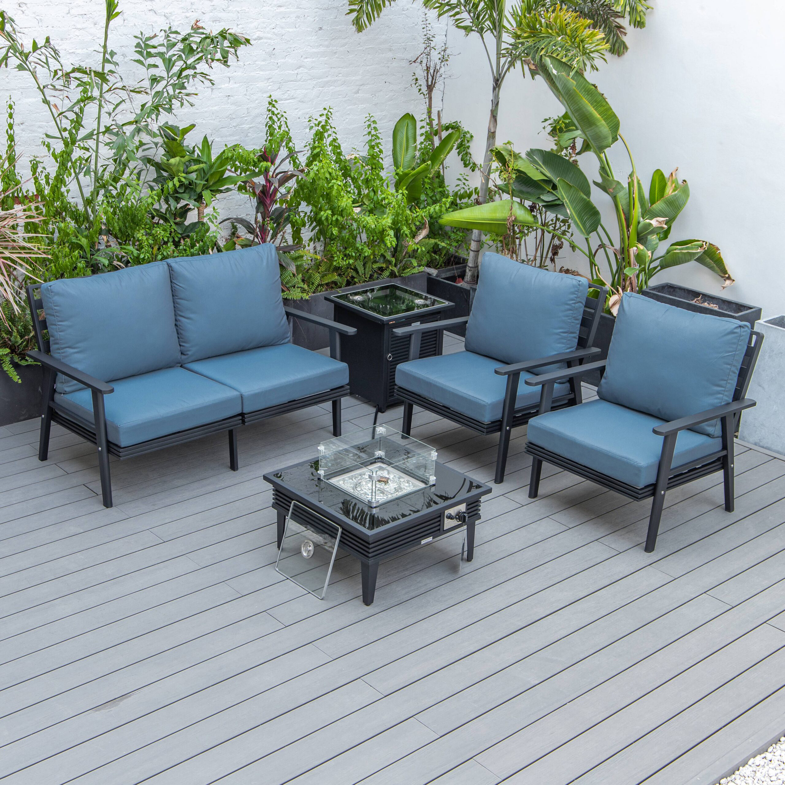 LeisureMod™ Walbrooke Modern Black Patio Conversation With Square Fire Pit With Slats Design & Tank Holder - Navy Blue