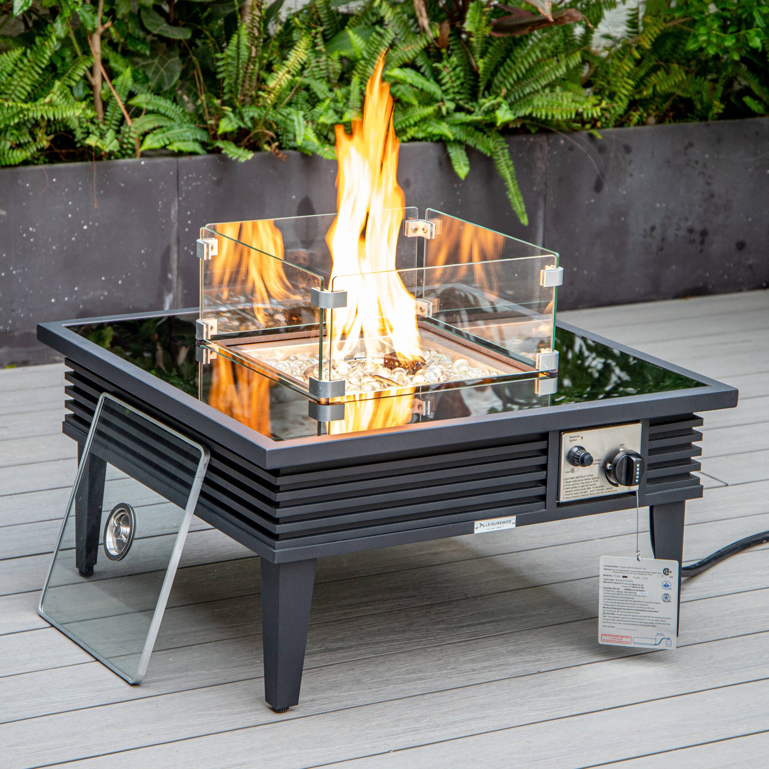 LeisureMod Walbrooke Outdoor Patio Square Fire Pit and Tank Holder with Slats Design - Black