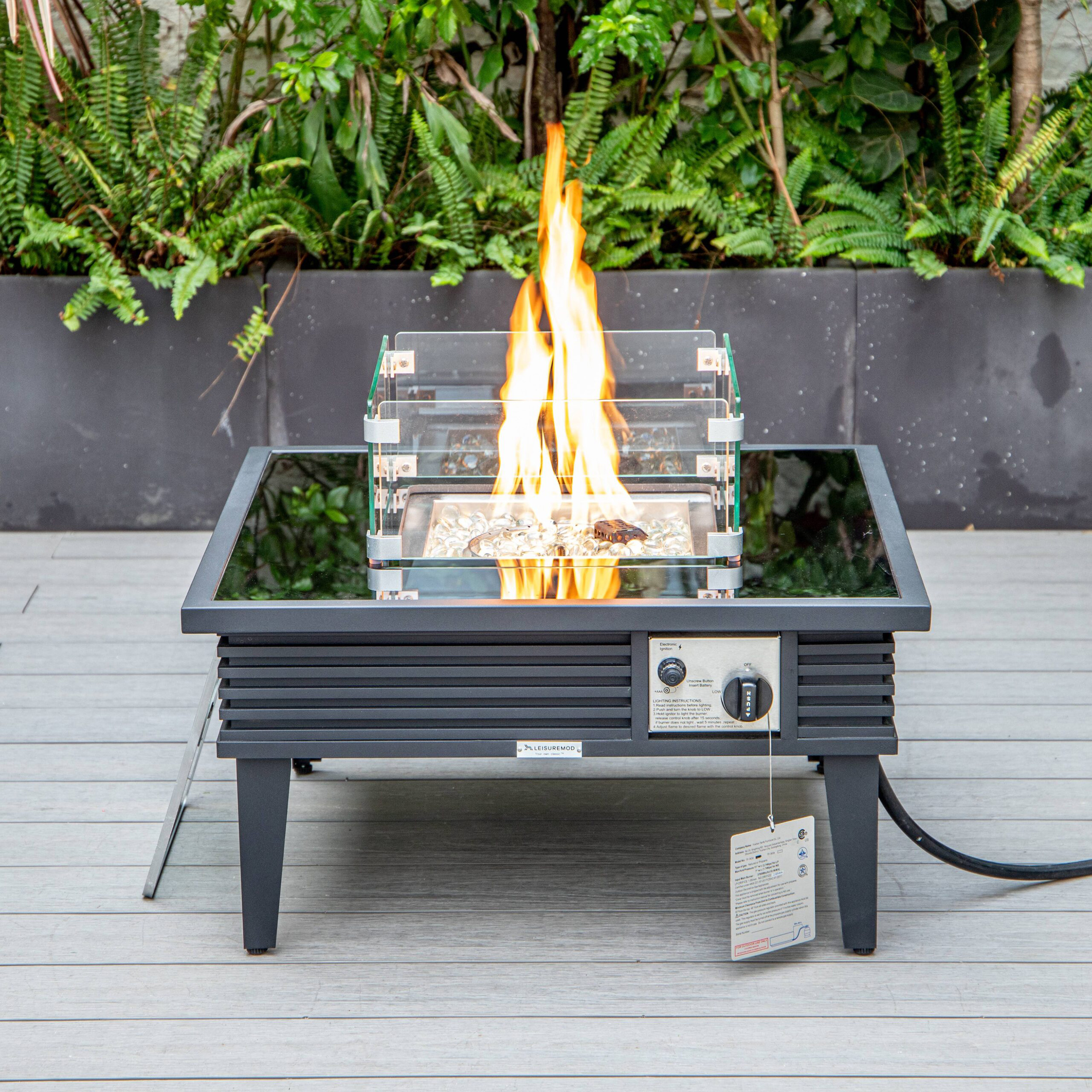 LeisureMod Walbrooke Modern Outdoor Square Fire Pit Table with Powder-Coated Aluminum Frame and Slats Design - Black