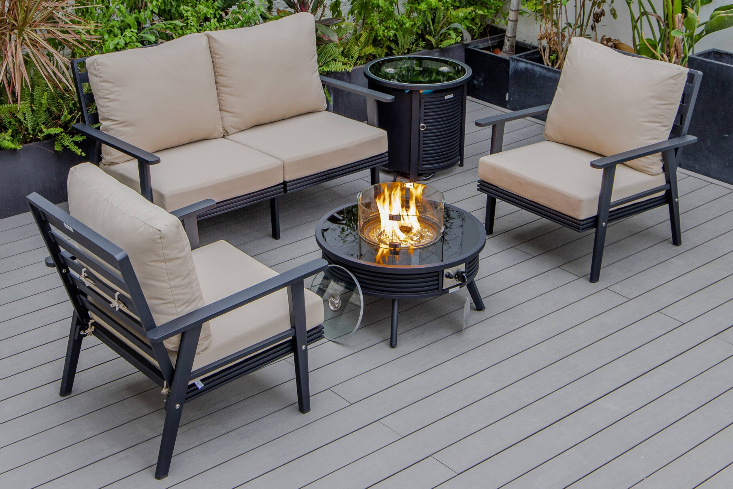 LeisureMod Walbrooke Modern Black Patio Conversation With Round Fire Pit With Slats Design & Tank Holder