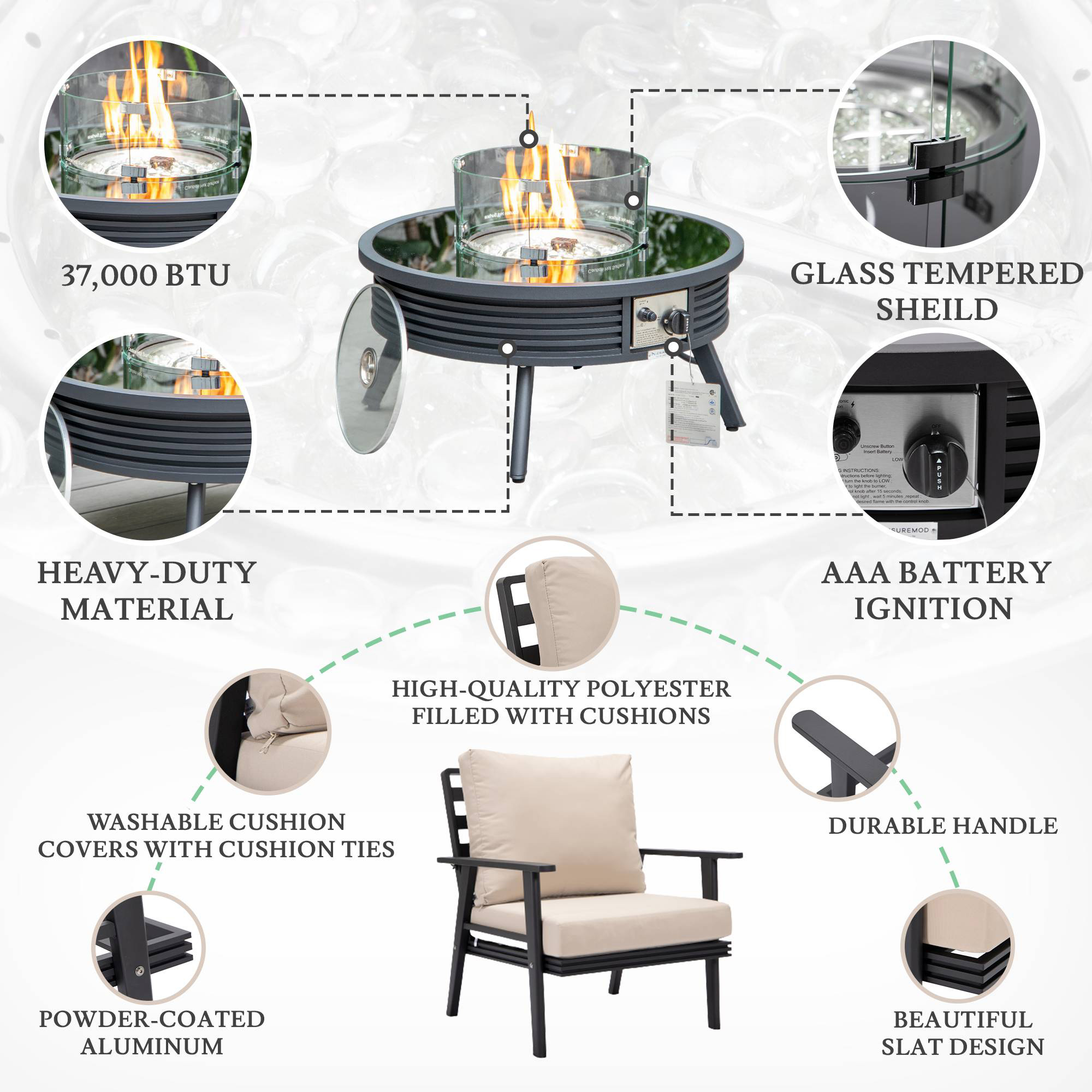 LeisureMod Walbrooke Modern Black Patio Conversation With Round Fire Pit With Slats Design & Tank Holder - Beige