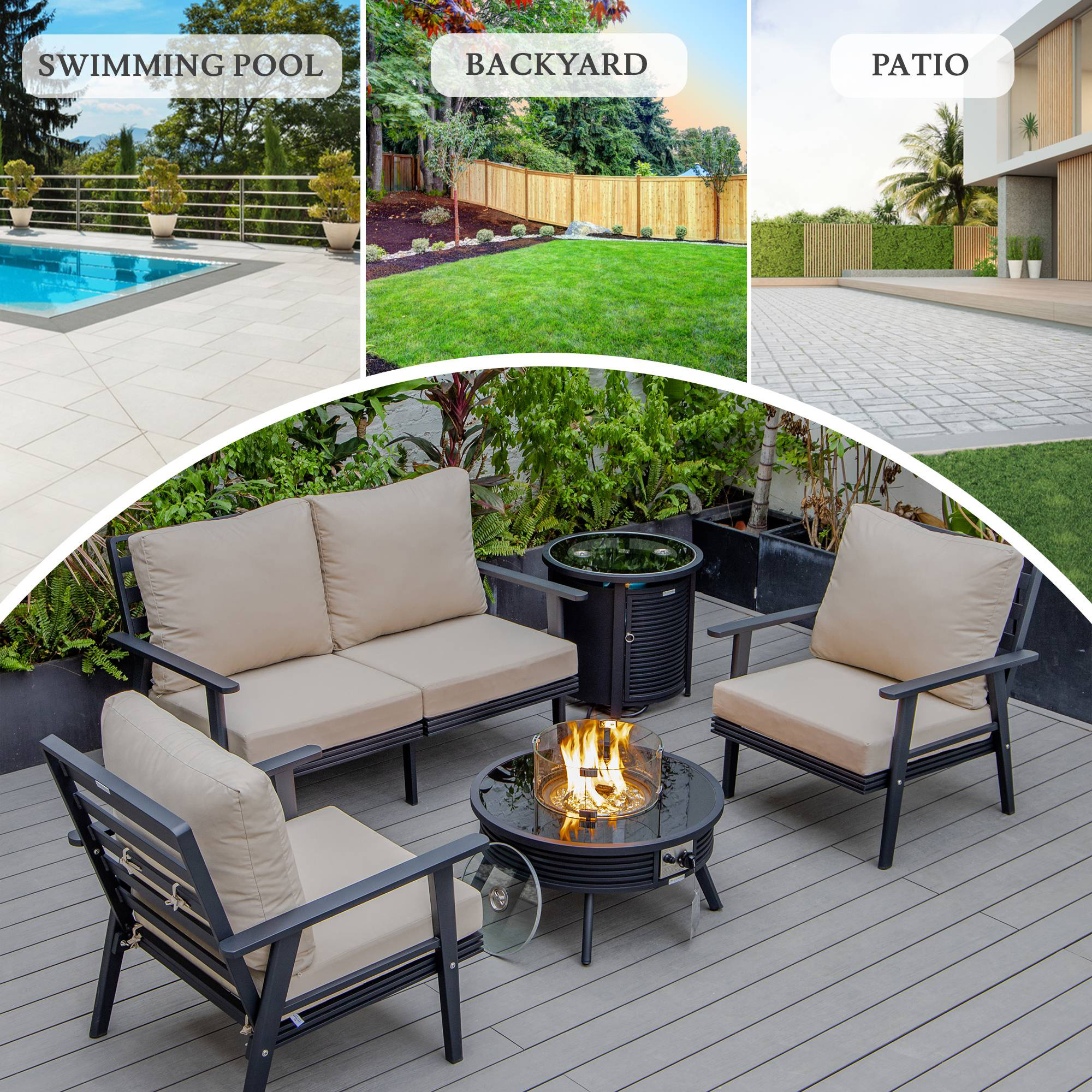 LeisureMod Walbrooke Modern Black Patio Conversation With Round Fire Pit With Slats Design & Tank Holder - Beige