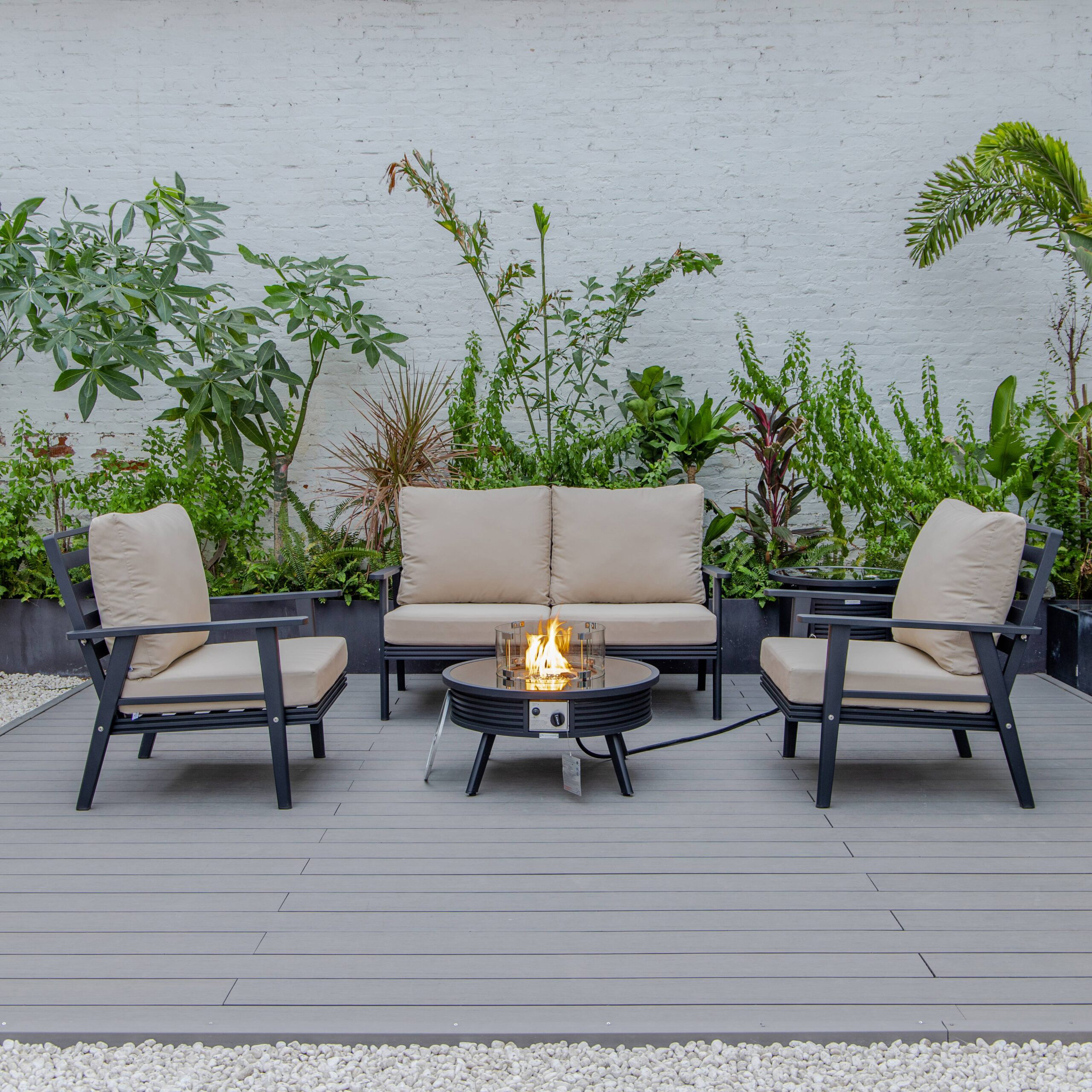 LeisureMod Walbrooke Modern Black Patio Conversation With Round Fire Pit With Slats Design & Tank Holder - Beige