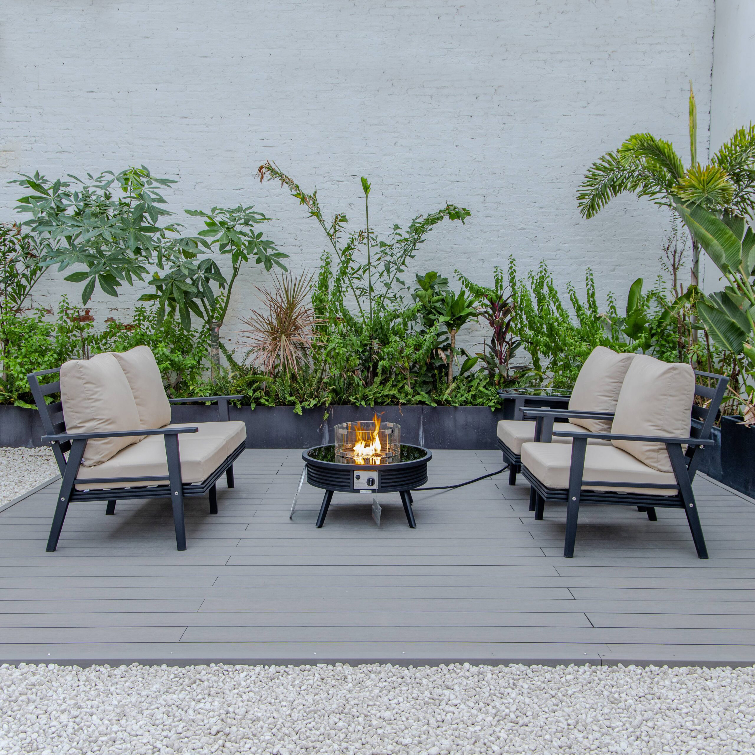 LeisureMod Walbrooke Modern Black Patio Conversation With Round Fire Pit With Slats Design & Tank Holder - Beige