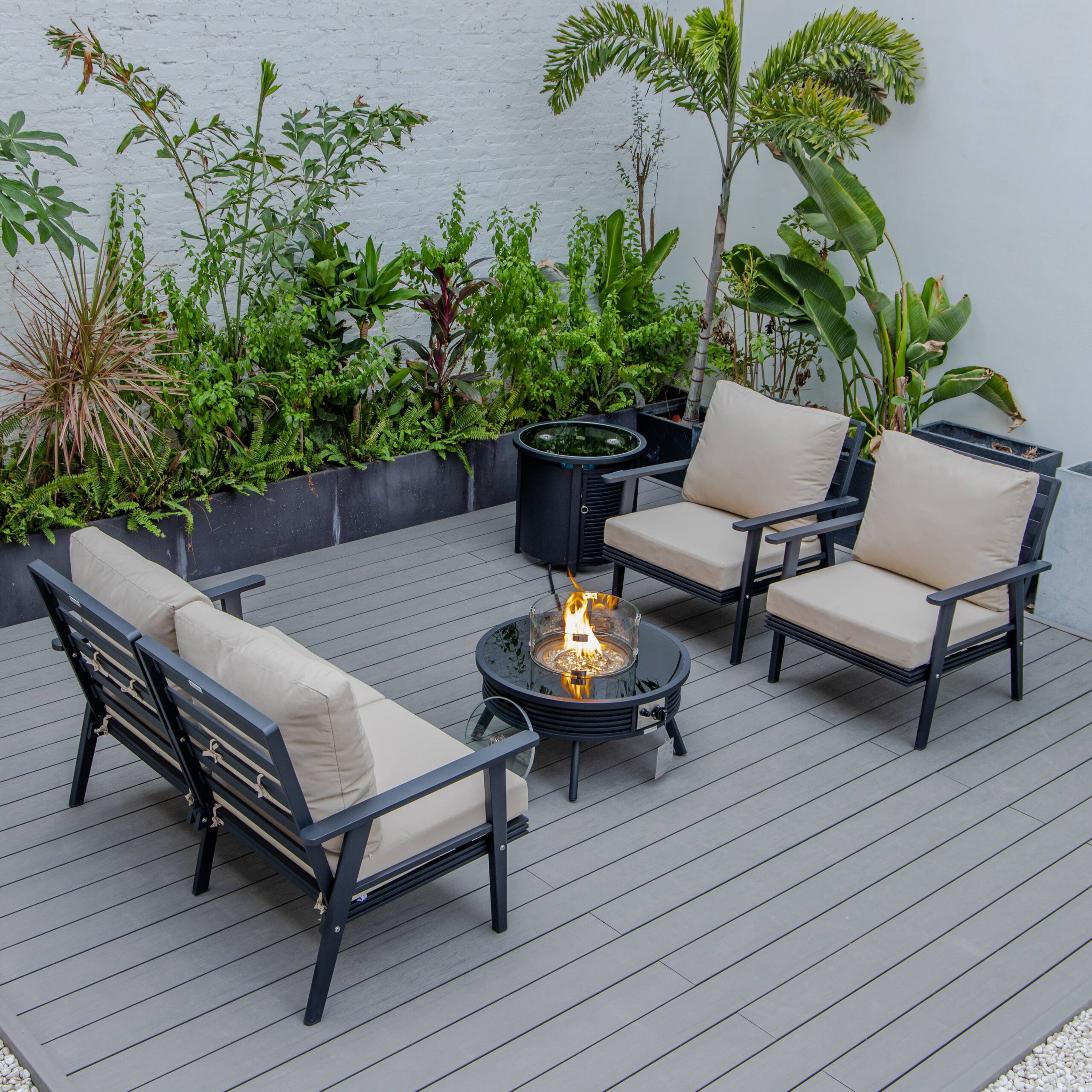 LeisureMod Walbrooke Modern Black Patio Conversation With Round Fire Pit With Slats Design & Tank Holder - Beige