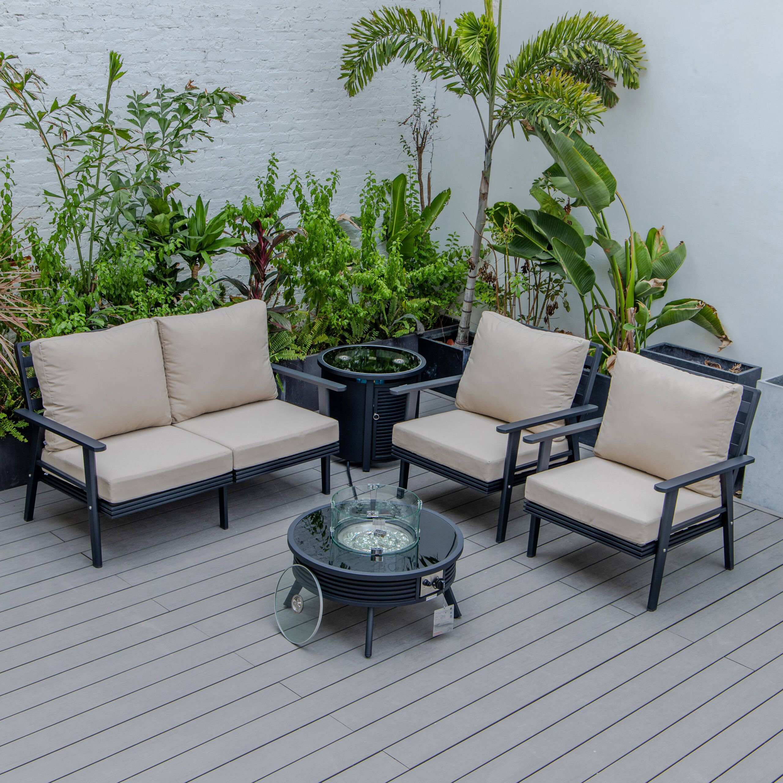 LeisureMod Walbrooke Modern Black Patio Conversation With Round Fire Pit With Slats Design & Tank Holder - Beige