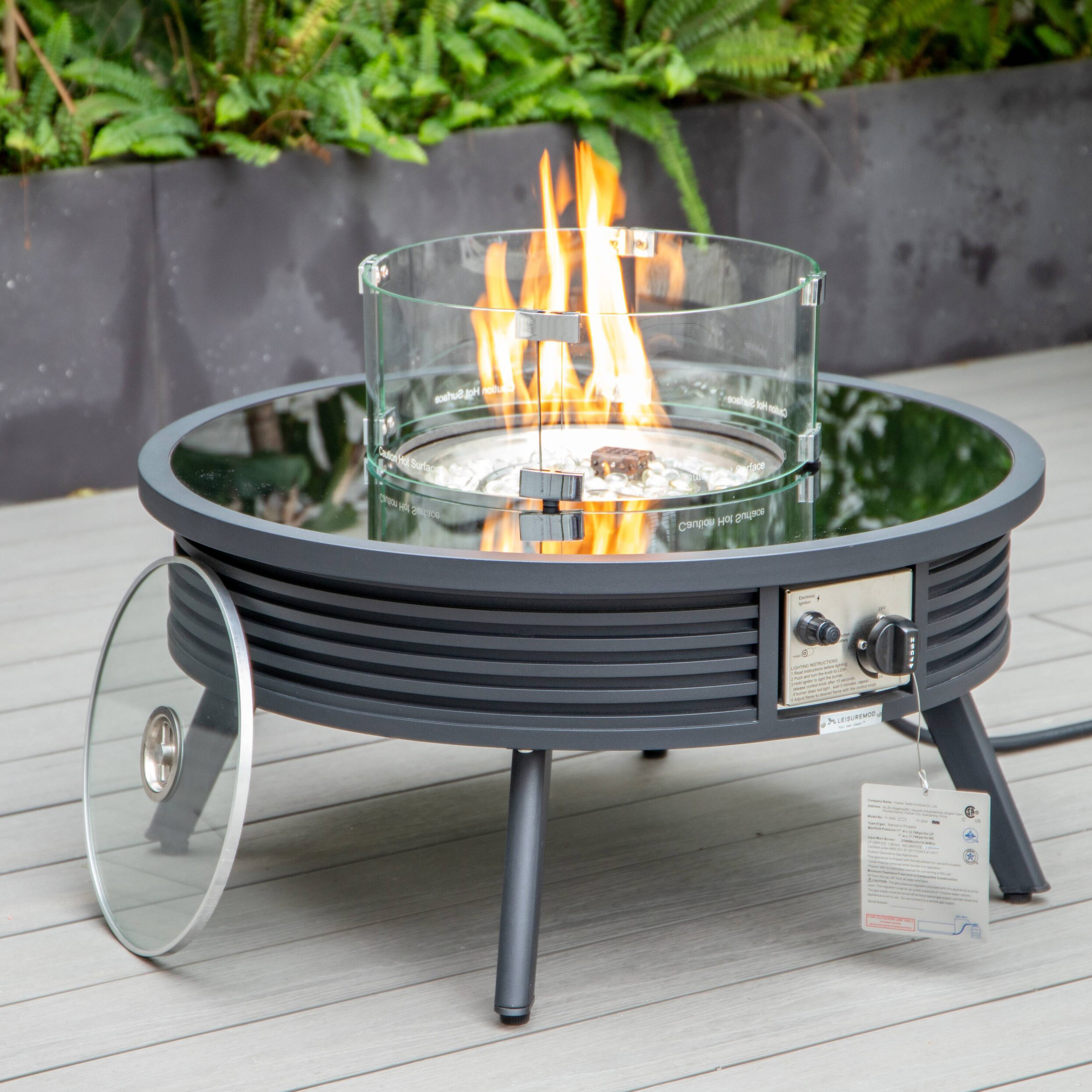 LeisureMod Walbrooke Modern Black Patio Conversation With Round Fire Pit With Slats Design & Tank Holder - Beige