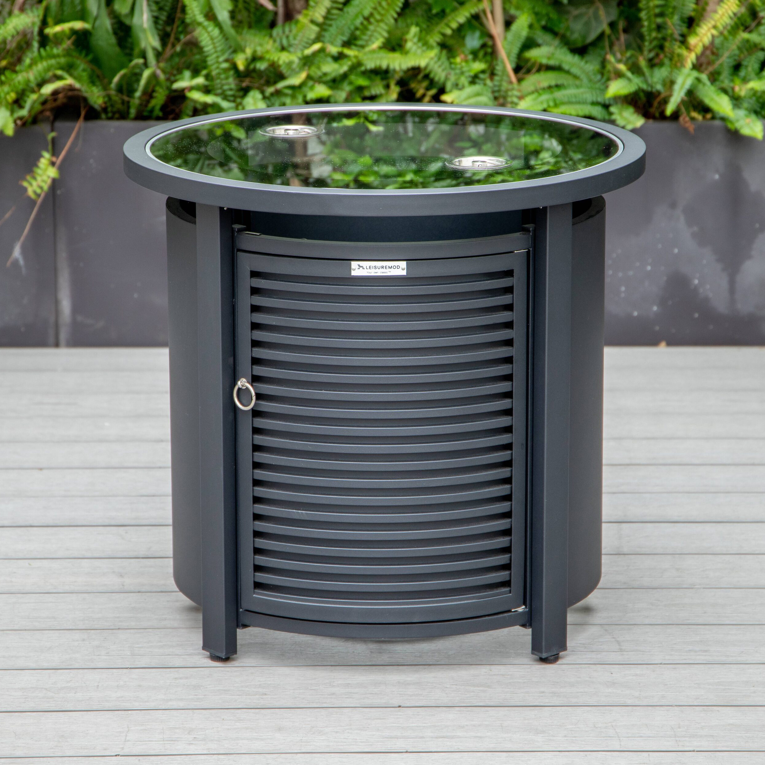 LeisureMod Walbrooke Modern Black Patio Conversation With Round Fire Pit With Slats Design & Tank Holder - Beige