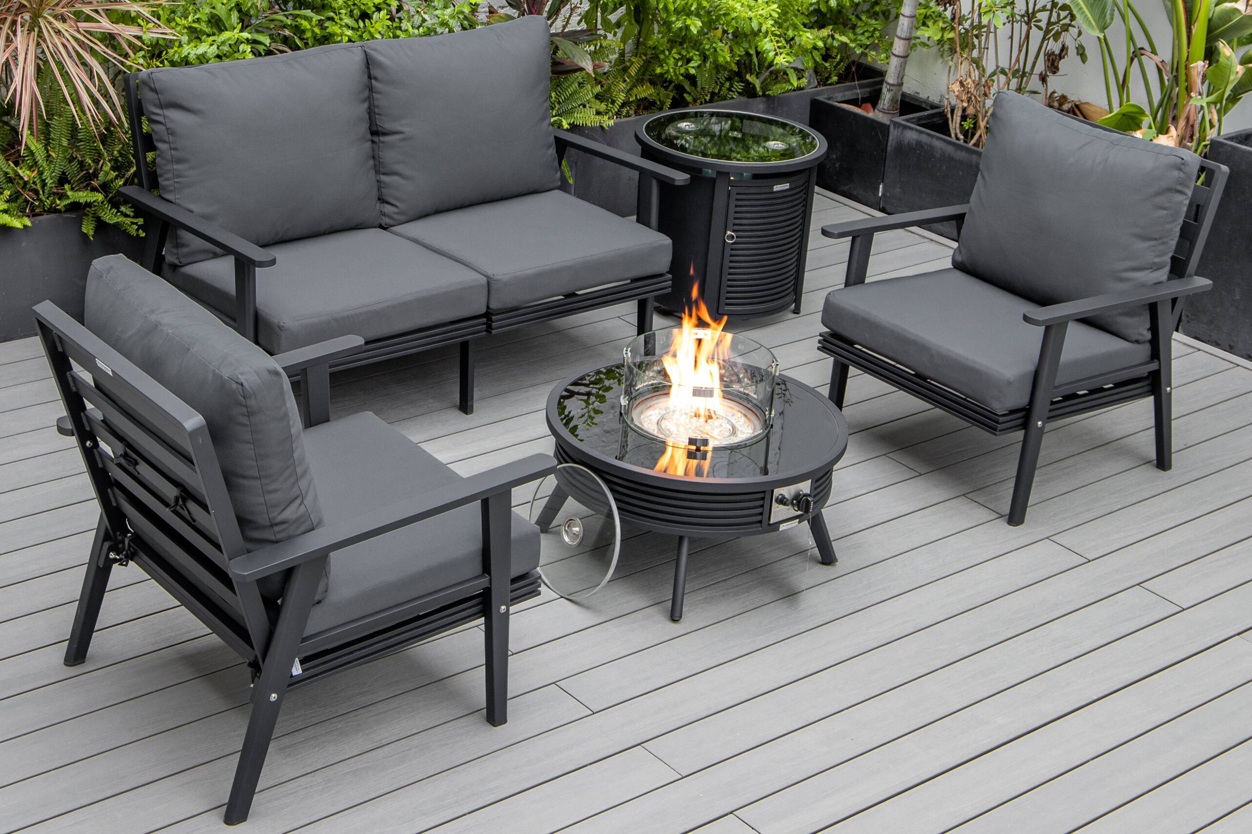 LeisureMod Walbrooke Modern Black Patio Conversation With Round Fire Pit With Slats Design & Tank Holder