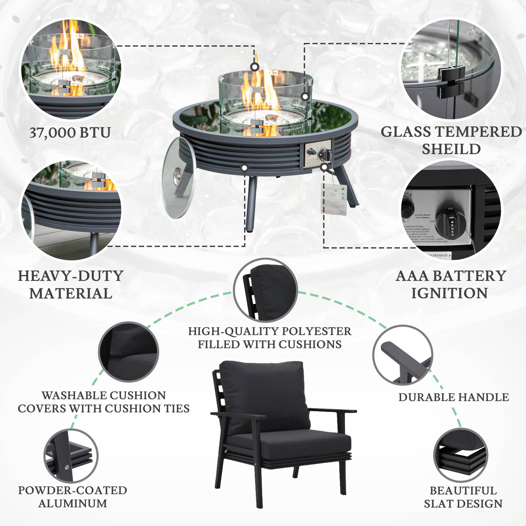 LeisureMod Walbrooke Modern Black Patio Conversation With Round Fire Pit With Slats Design & Tank Holder - Charcoal