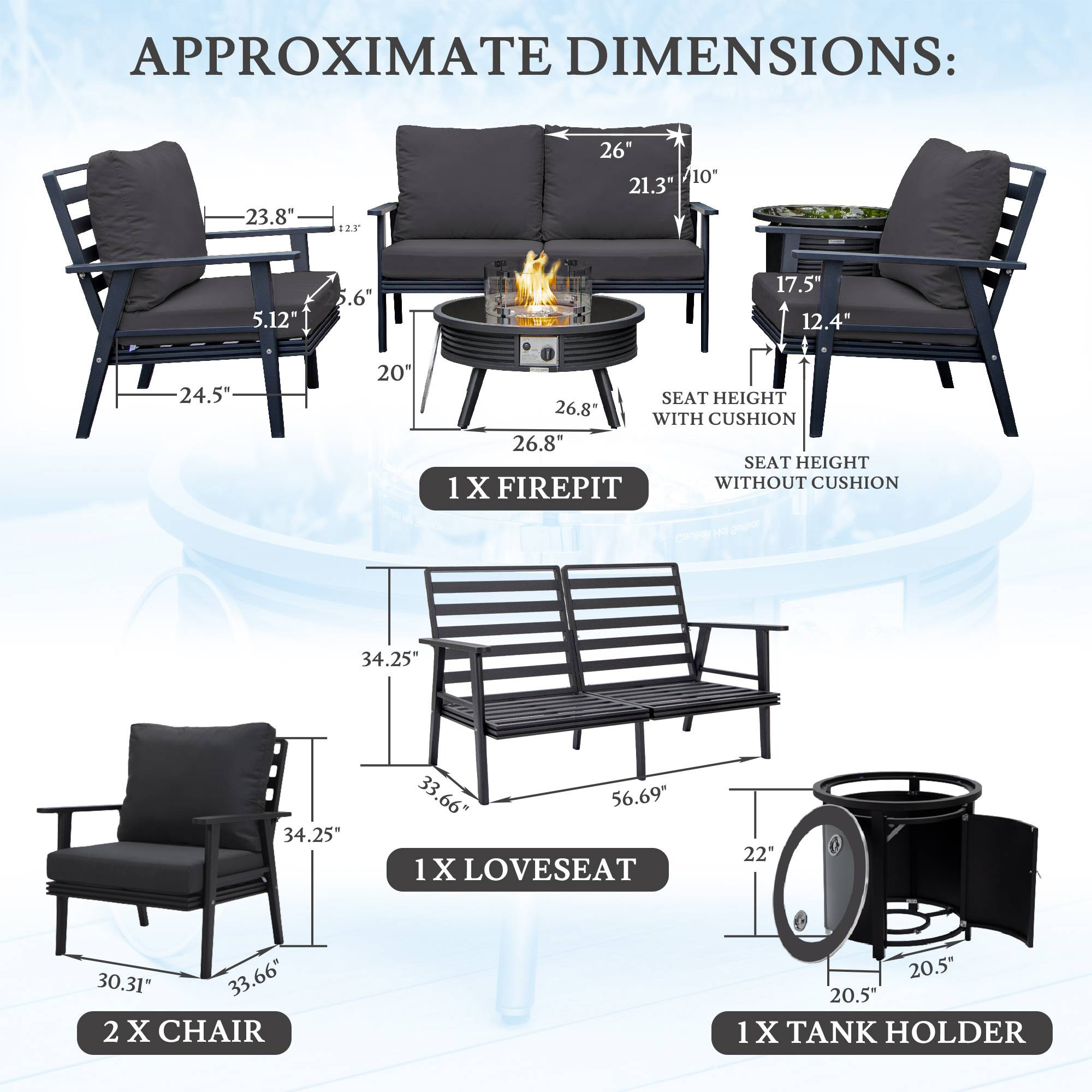 LeisureMod Walbrooke Modern Black Patio Conversation With Round Fire Pit With Slats Design & Tank Holder - Charcoal