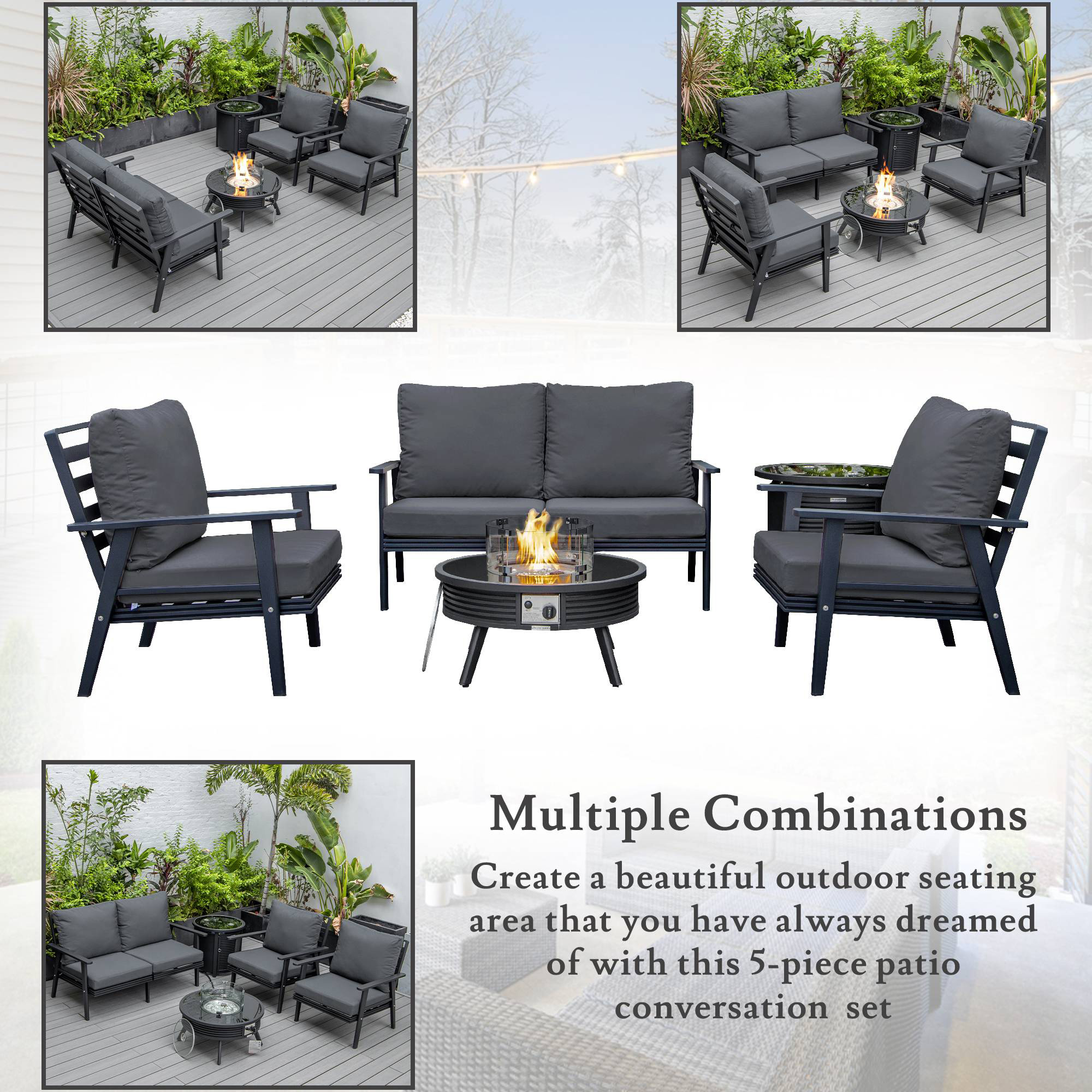 LeisureMod Walbrooke Modern Black Patio Conversation With Round Fire Pit With Slats Design & Tank Holder - Charcoal