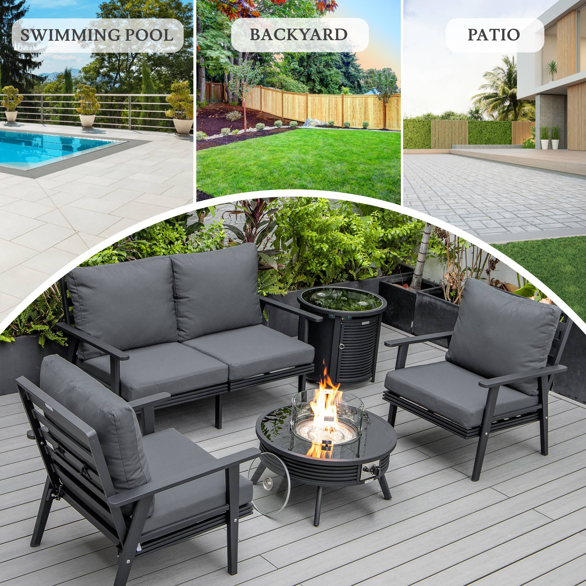 LeisureMod Walbrooke Modern Black Patio Conversation With Round Fire Pit With Slats Design & Tank Holder - Charcoal