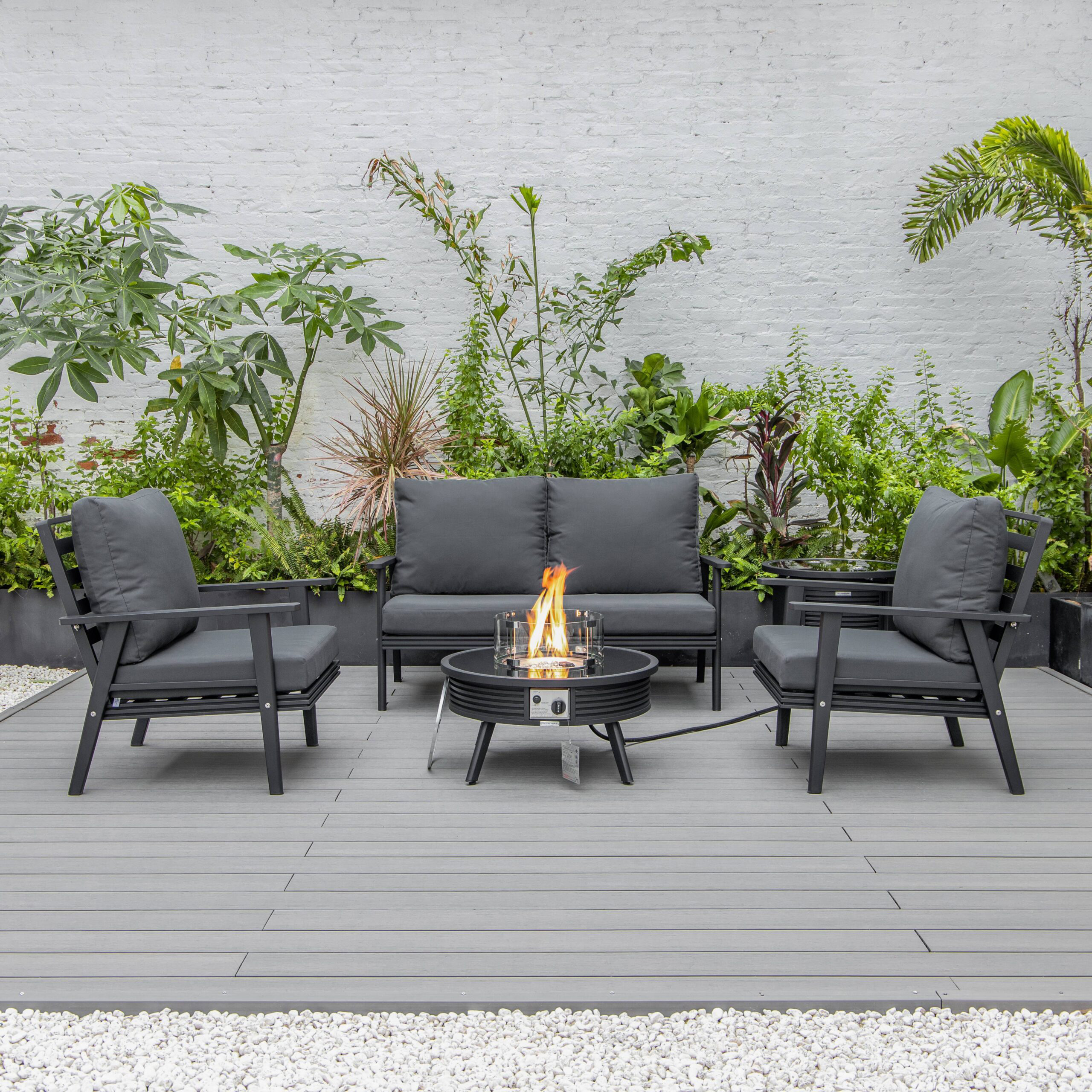 LeisureMod Walbrooke Modern Black Patio Conversation With Round Fire Pit With Slats Design & Tank Holder - Charcoal