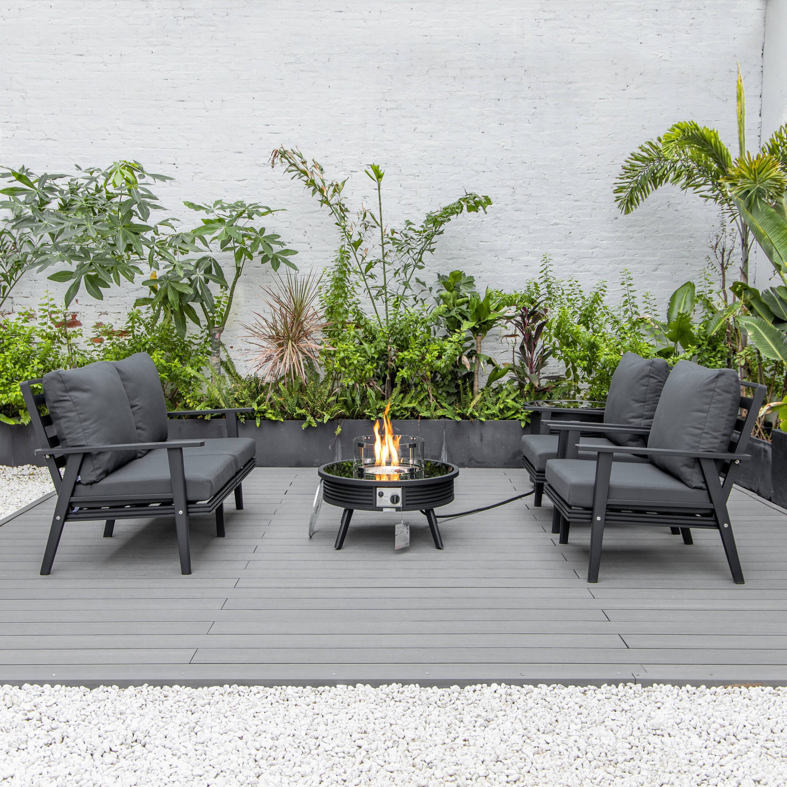 LeisureMod Walbrooke Modern Black Patio Conversation With Round Fire Pit With Slats Design & Tank Holder - Charcoal