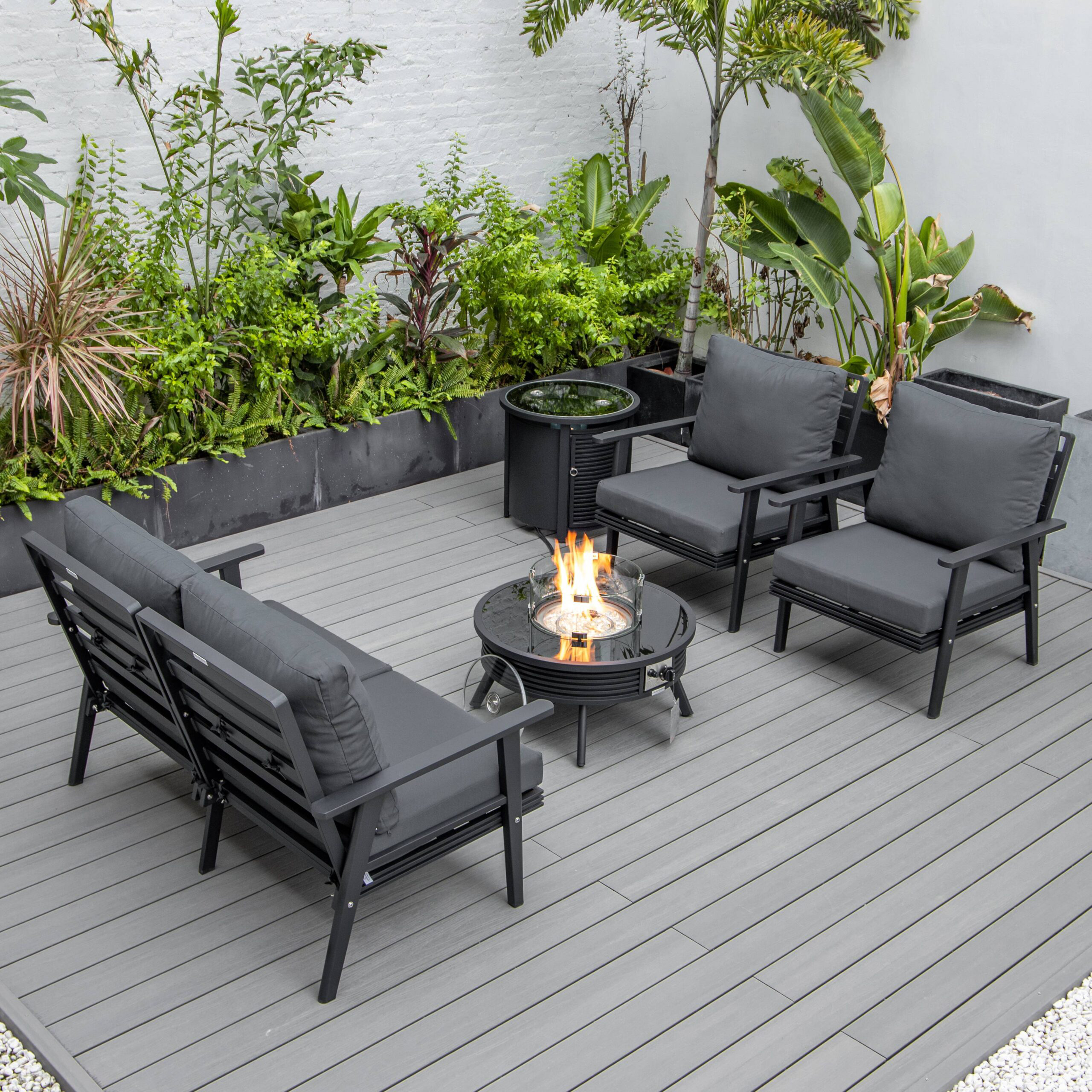 LeisureMod Walbrooke Modern Black Patio Conversation With Round Fire Pit With Slats Design & Tank Holder - Charcoal