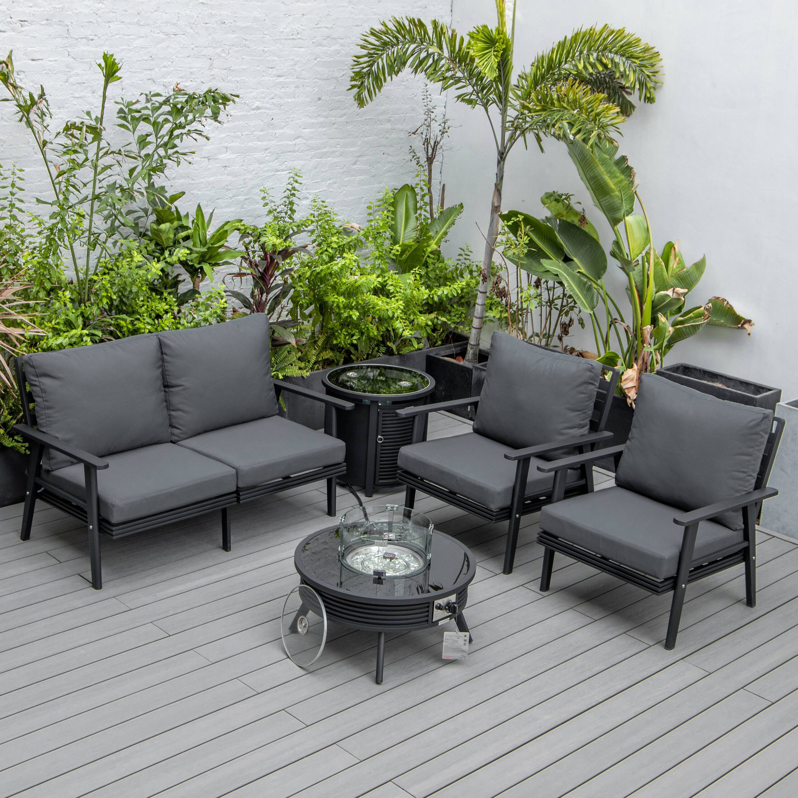 LeisureMod Walbrooke Modern Black Patio Conversation With Round Fire Pit With Slats Design & Tank Holder - Charcoal