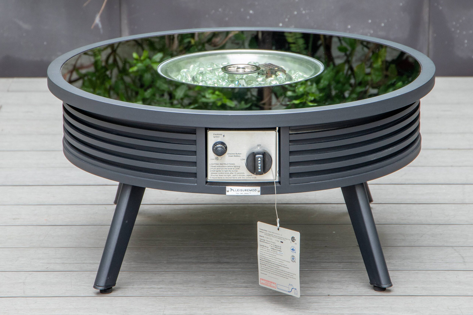 LeisureMod Walbrooke Modern Black Patio Conversation With Round Fire Pit With Slats Design & Tank Holder - Charcoal