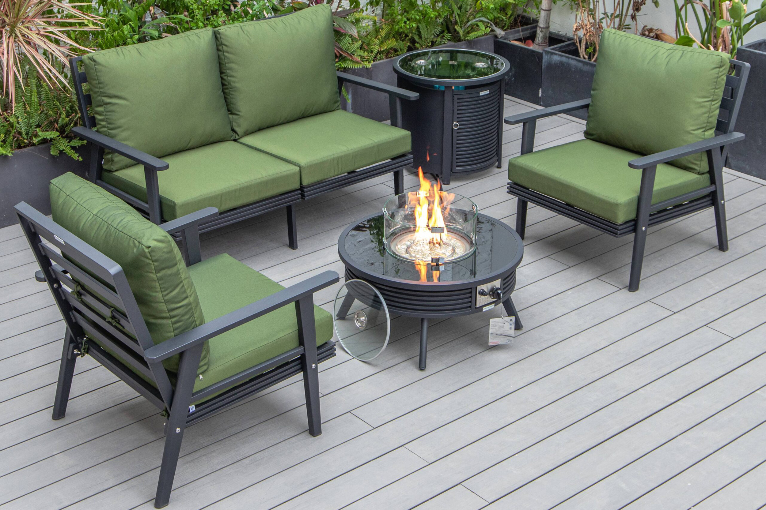 LeisureMod Walbrooke Modern Black Patio Conversation With Round Fire Pit With Slats Design & Tank Holder