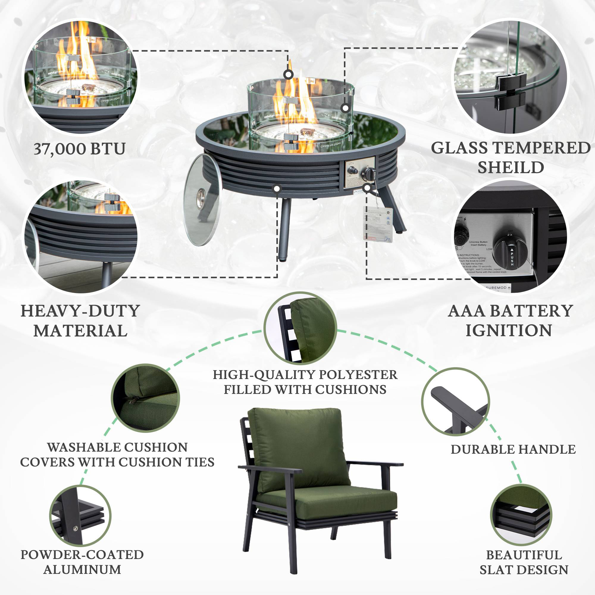 LeisureMod Walbrooke Modern Black Patio Conversation With Round Fire Pit With Slats Design & Tank Holder - Green