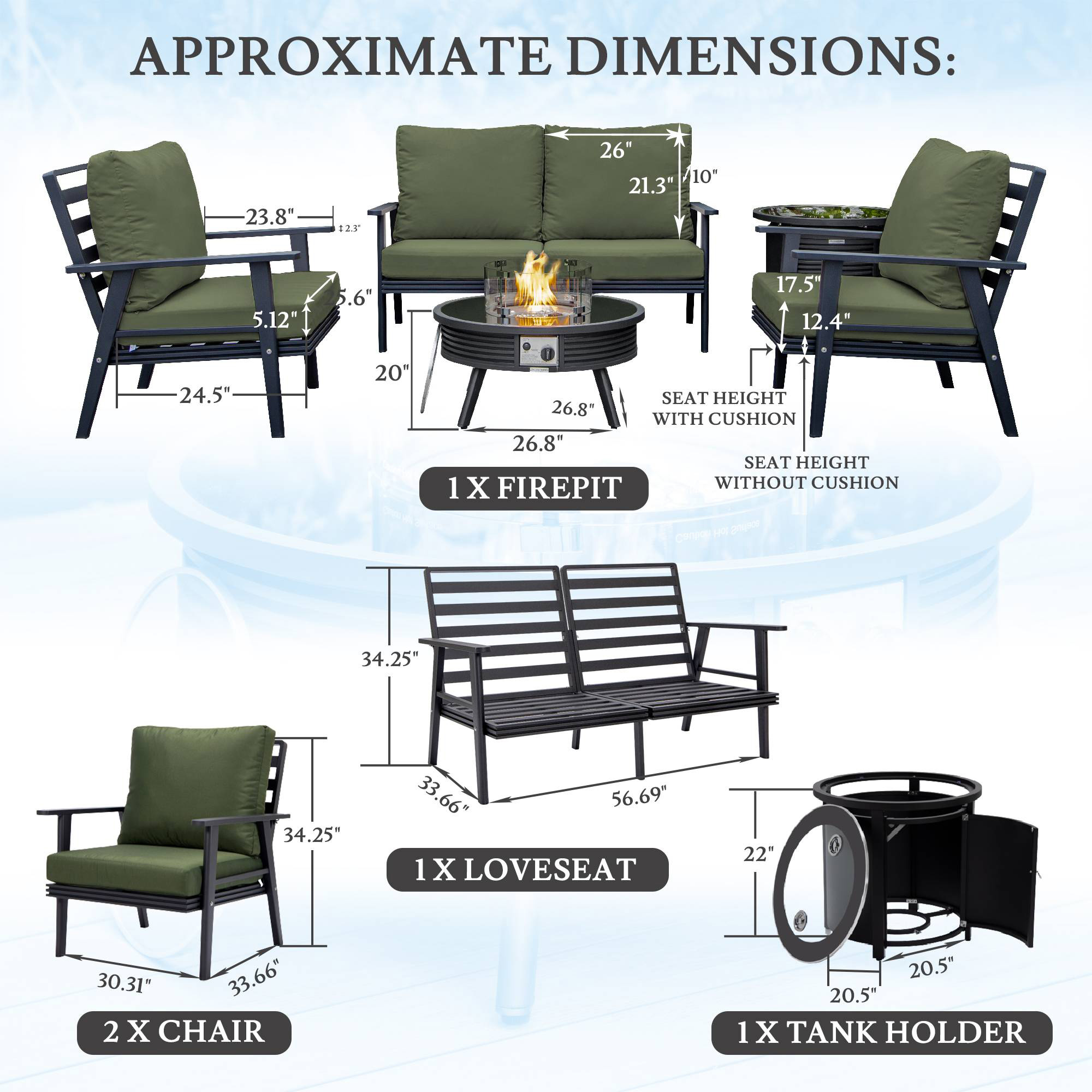 LeisureMod Walbrooke Modern Black Patio Conversation With Round Fire Pit With Slats Design & Tank Holder - Green