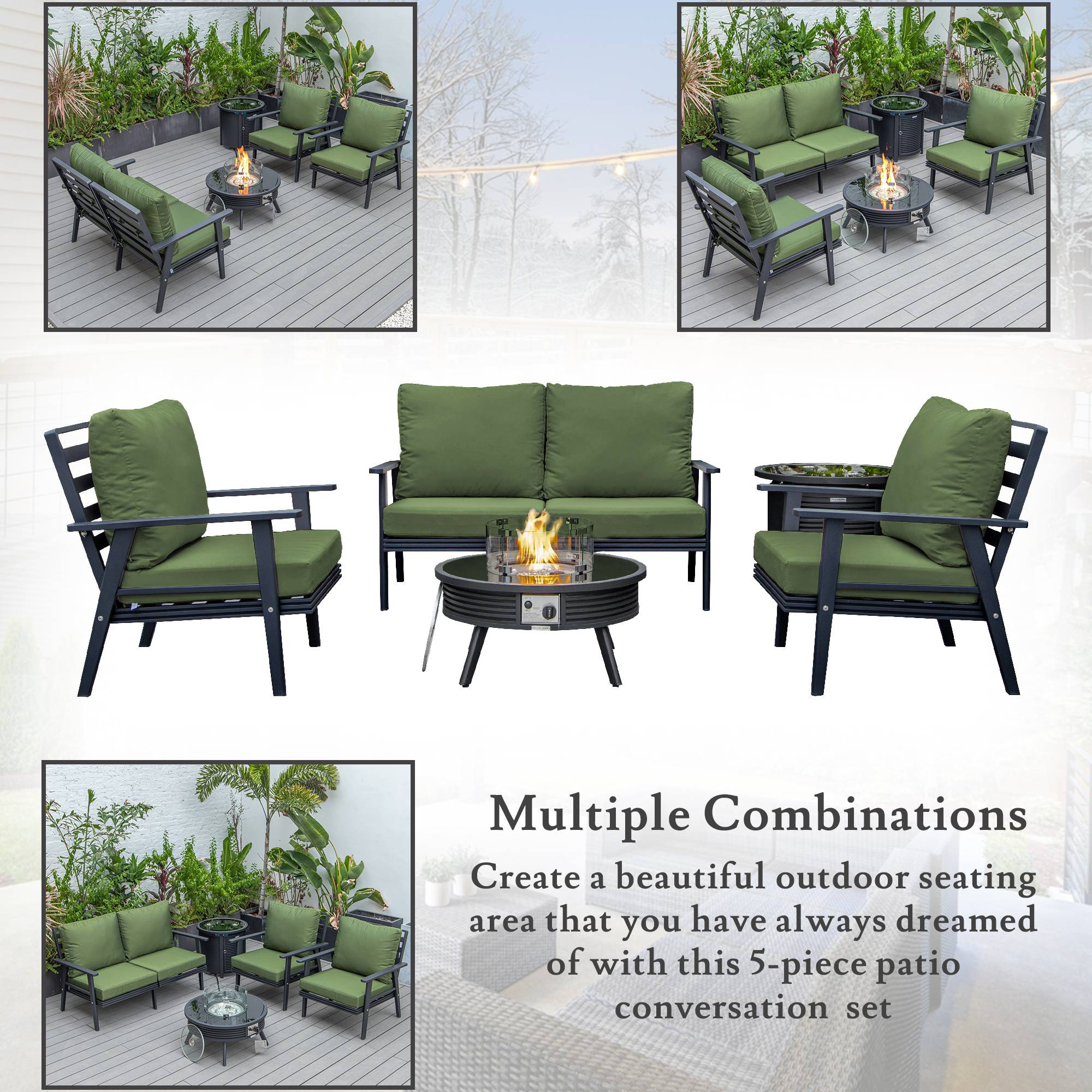 LeisureMod Walbrooke Modern Black Patio Conversation With Round Fire Pit With Slats Design & Tank Holder - Green