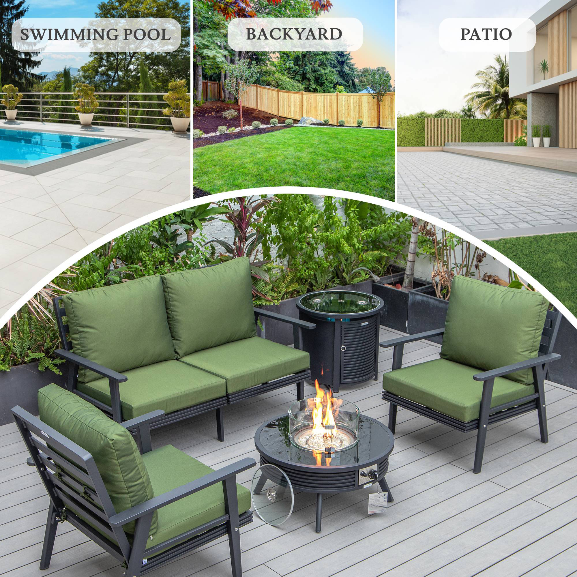 LeisureMod Walbrooke Modern Black Patio Conversation With Round Fire Pit With Slats Design & Tank Holder - Green