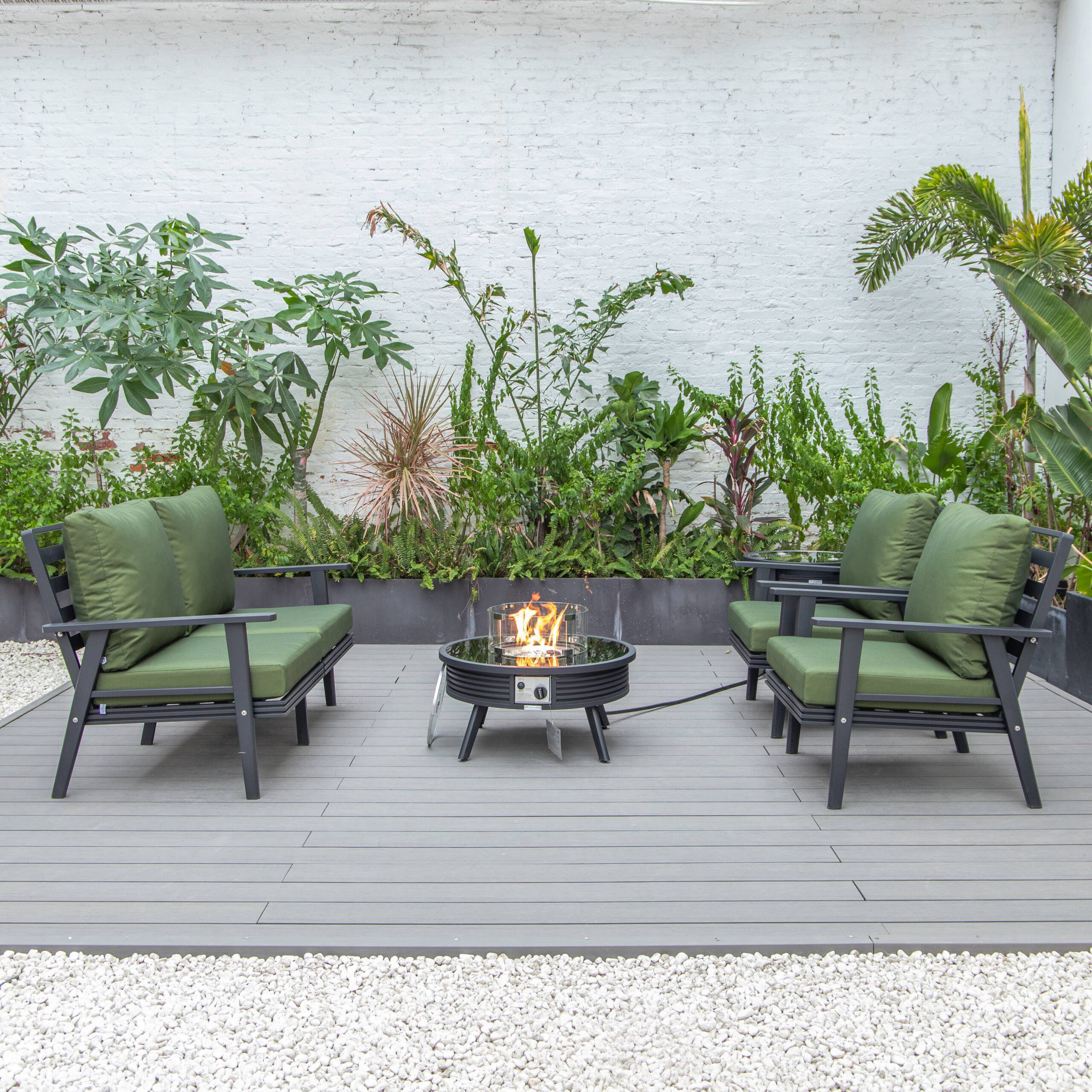 LeisureMod Walbrooke Modern Black Patio Conversation With Round Fire Pit With Slats Design & Tank Holder - Green