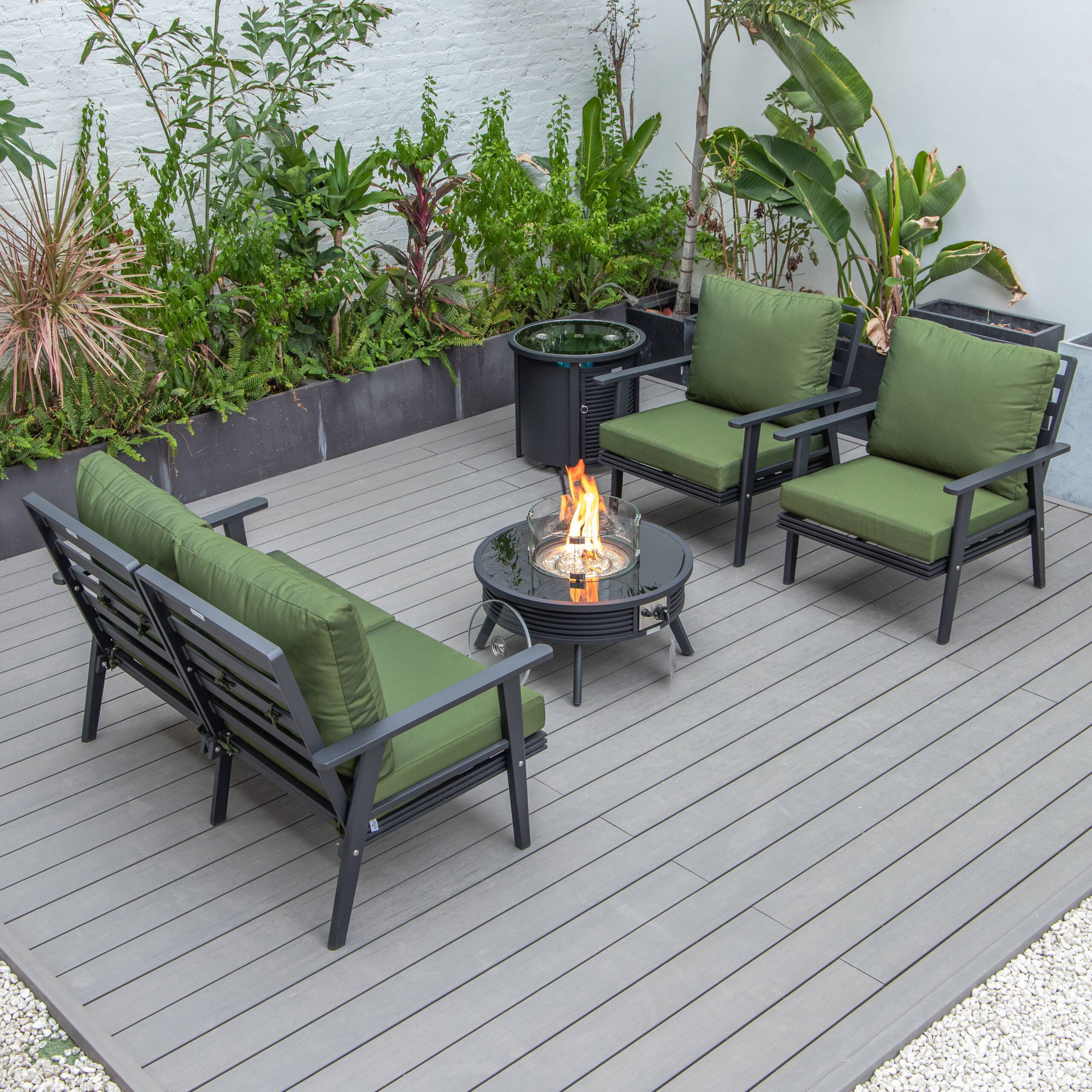 LeisureMod Walbrooke Modern Black Patio Conversation With Round Fire Pit With Slats Design & Tank Holder - Green