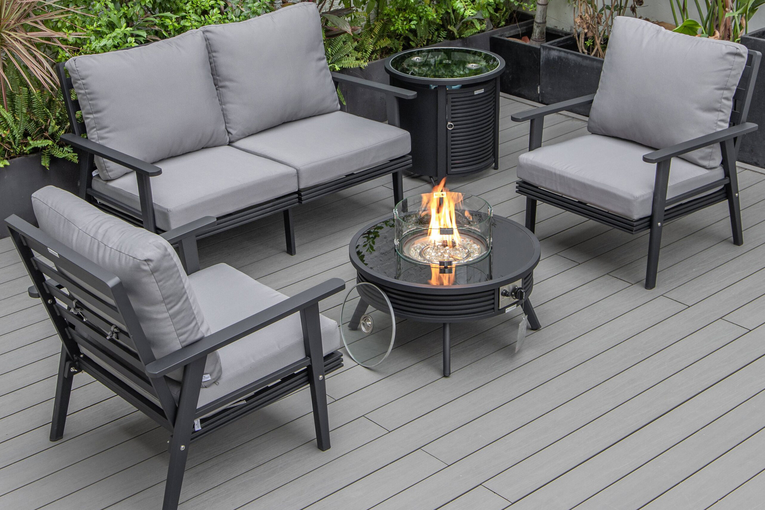 LeisureMod Walbrooke Modern Black Patio Conversation With Round Fire Pit With Slats Design & Tank Holder