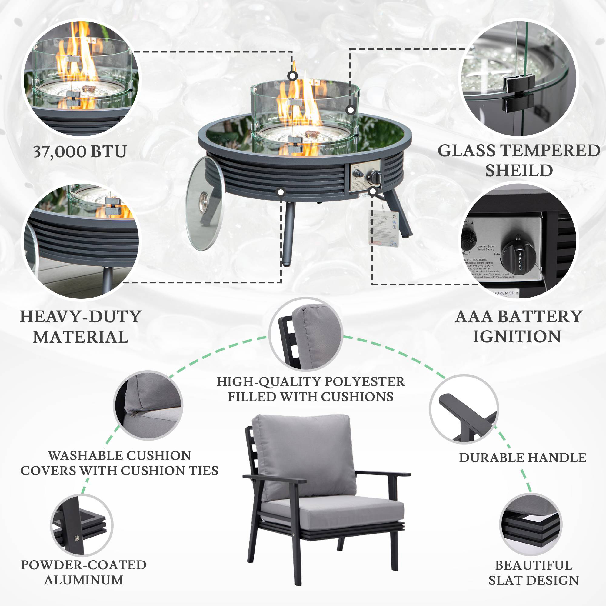 LeisureMod Walbrooke Modern Black Patio Conversation With Round Fire Pit With Slats Design & Tank Holder - Gray