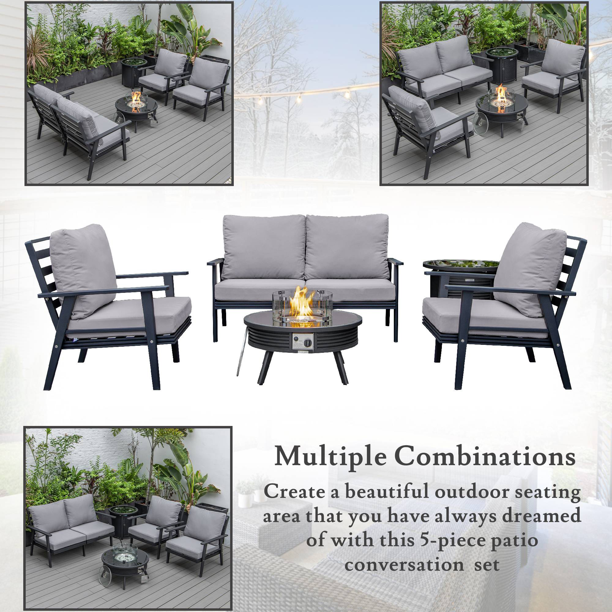 LeisureMod Walbrooke Modern Black Patio Conversation With Round Fire Pit With Slats Design & Tank Holder - Gray