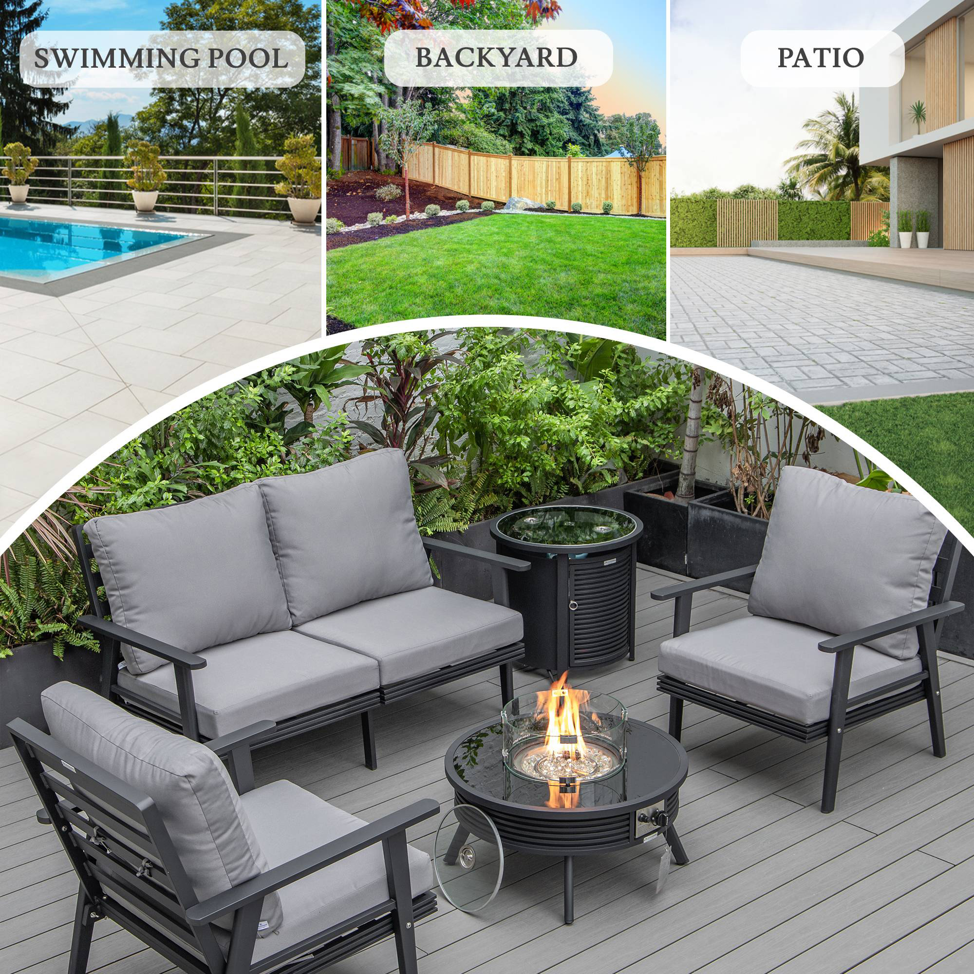 LeisureMod Walbrooke Modern Black Patio Conversation With Round Fire Pit With Slats Design & Tank Holder - Gray