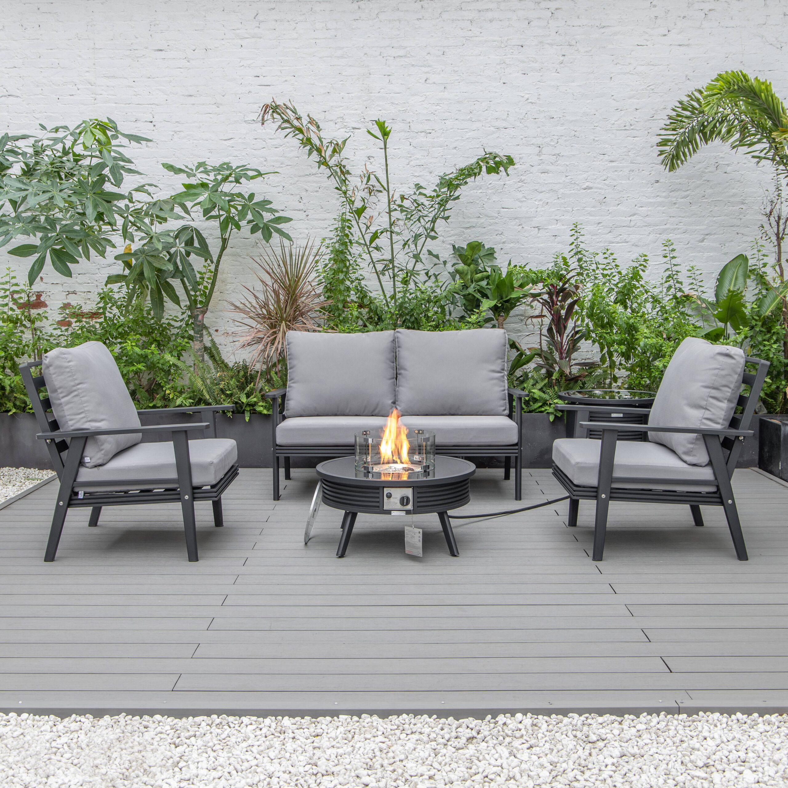 LeisureMod Walbrooke Modern Black Patio Conversation With Round Fire Pit With Slats Design & Tank Holder - Gray