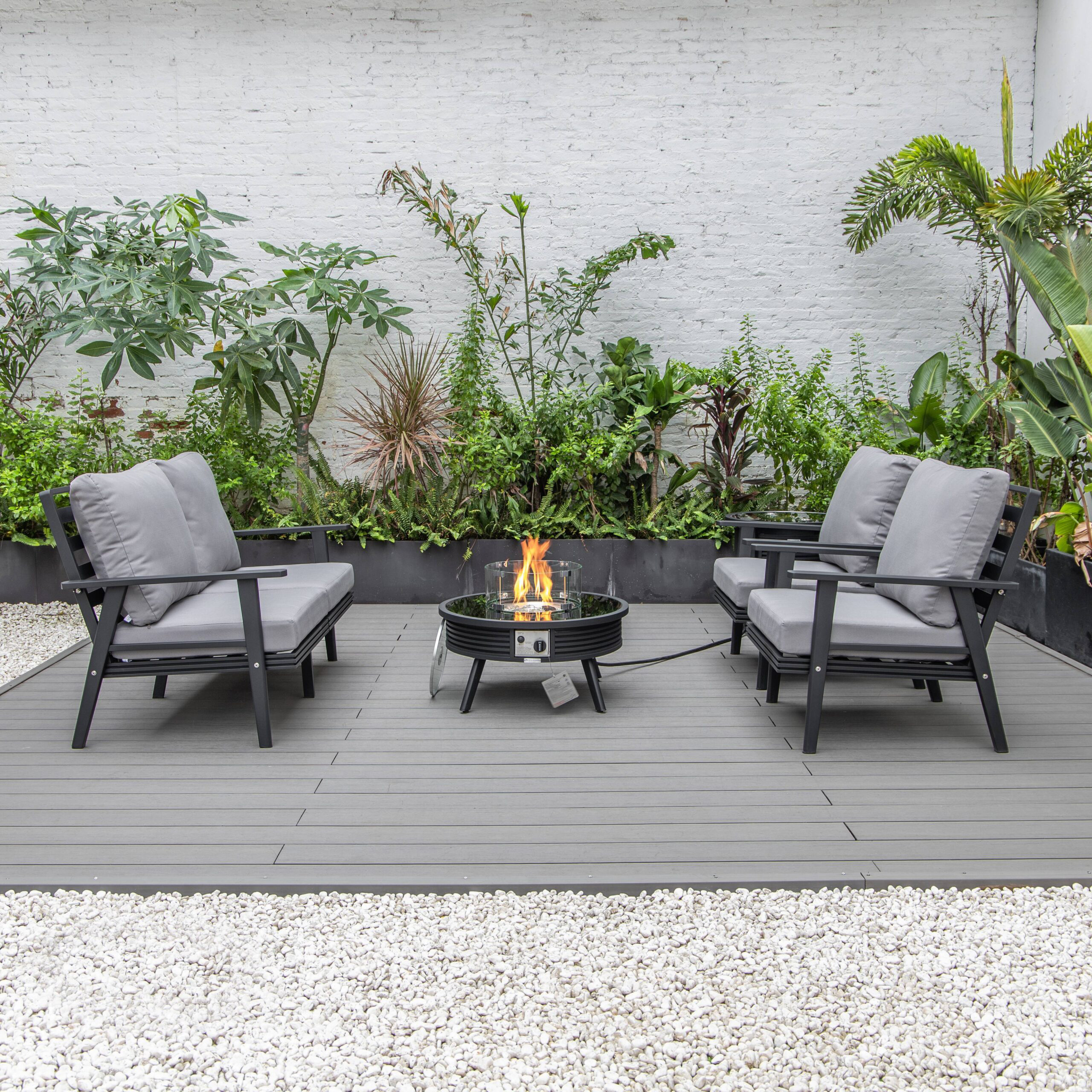 LeisureMod Walbrooke Modern Black Patio Conversation With Round Fire Pit With Slats Design & Tank Holder - Gray