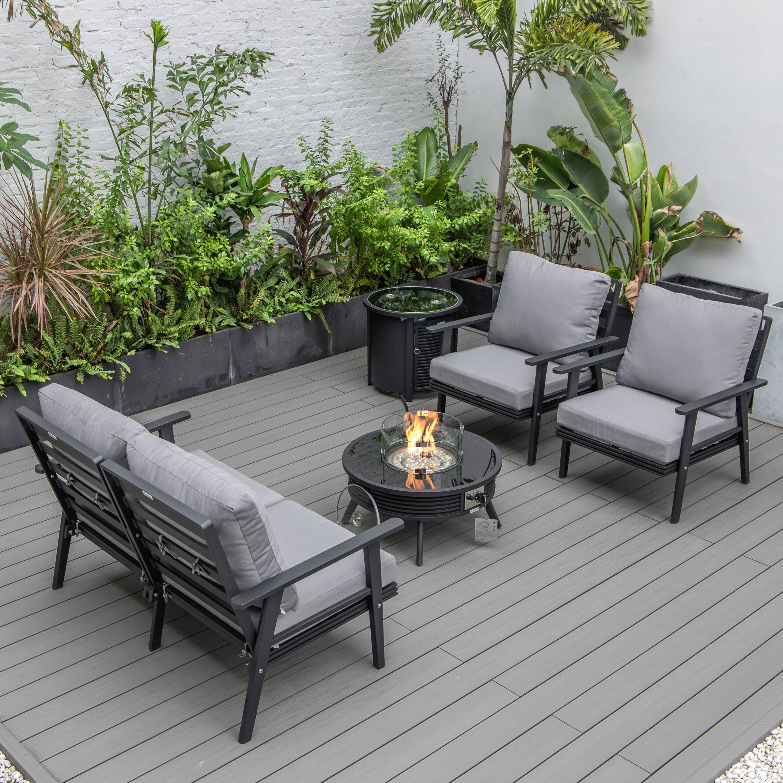 LeisureMod Walbrooke Modern Black Patio Conversation With Round Fire Pit With Slats Design & Tank Holder - Gray