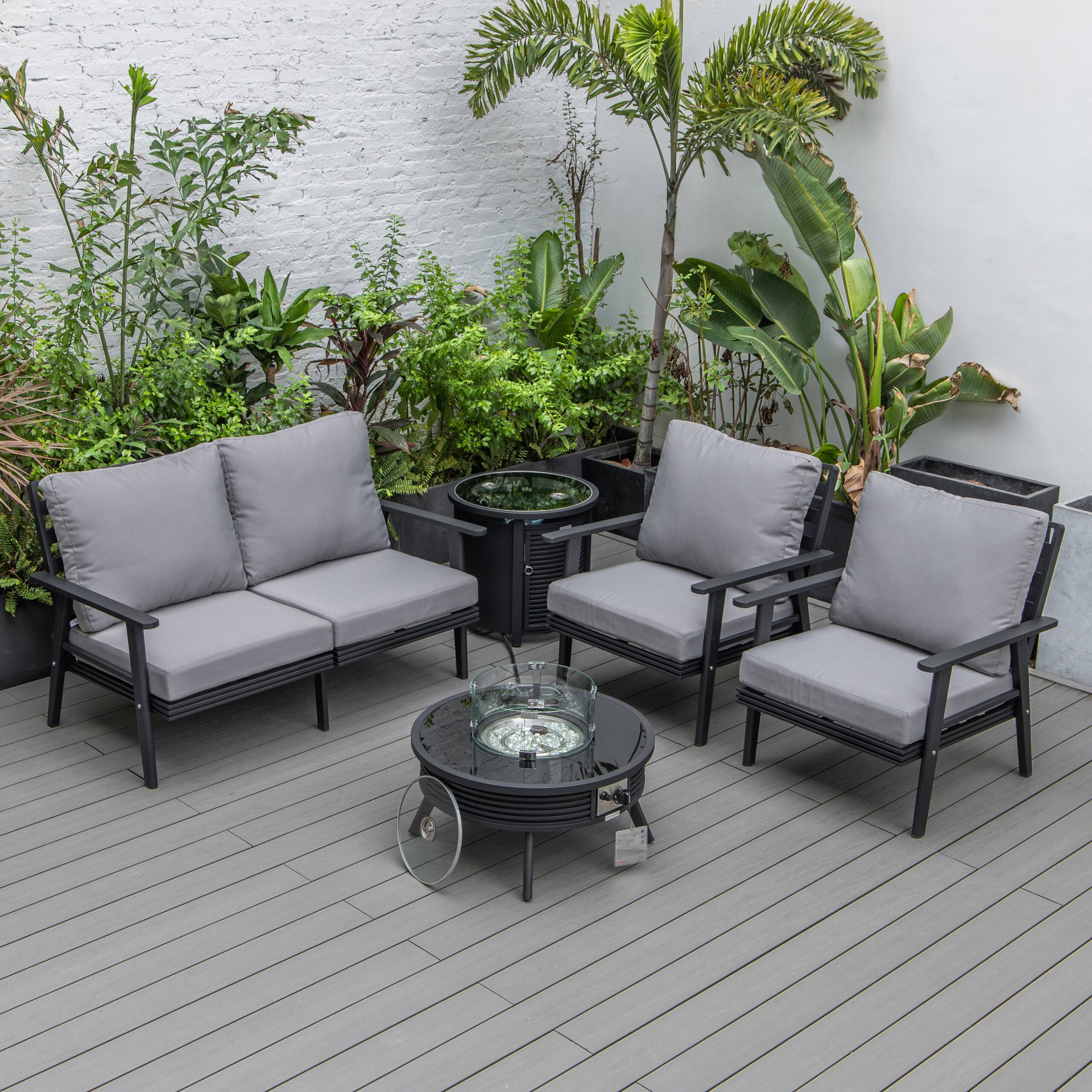 LeisureMod Walbrooke Modern Black Patio Conversation With Round Fire Pit With Slats Design & Tank Holder - Gray