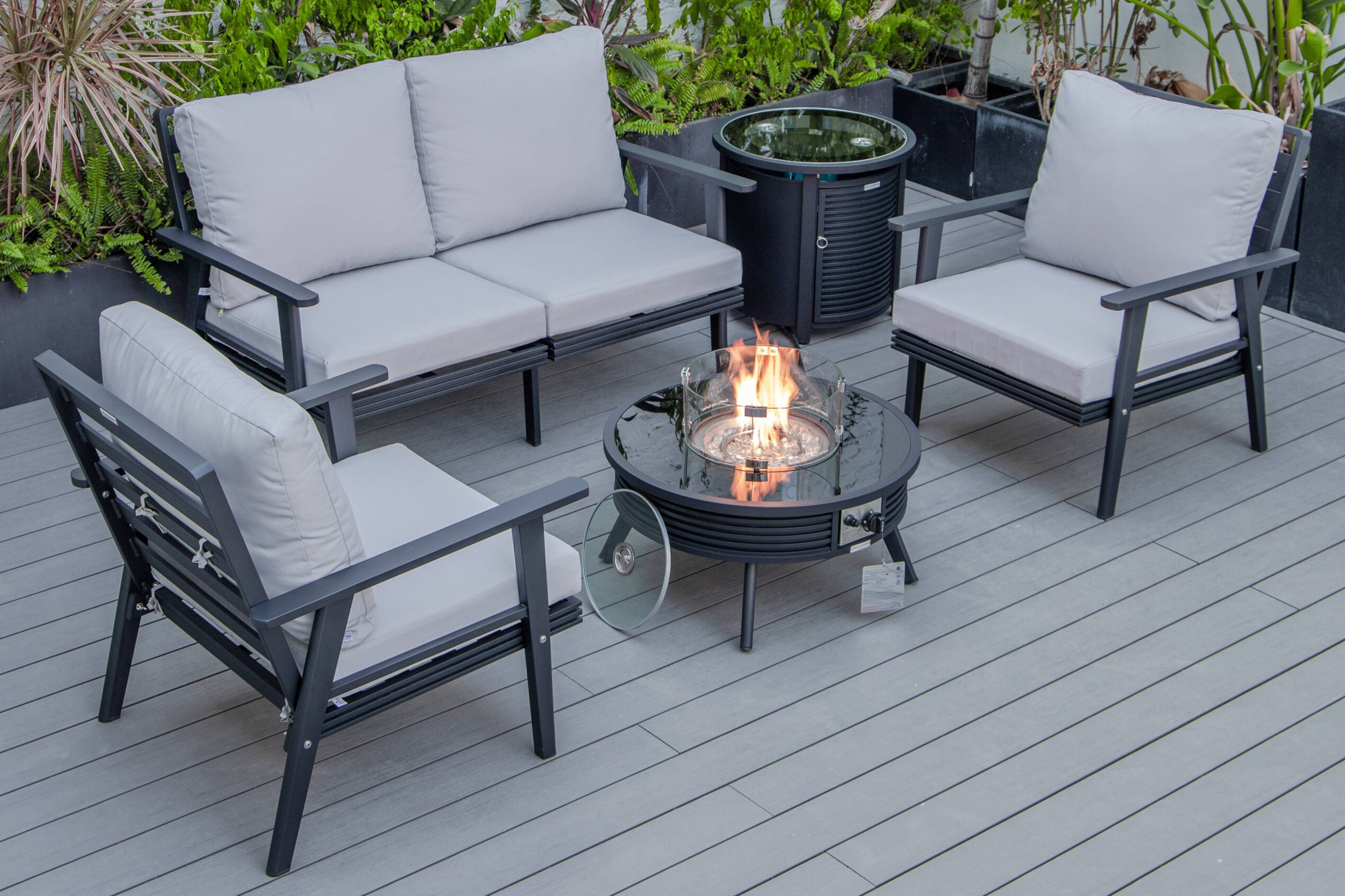 LeisureMod Walbrooke Modern Black Patio Conversation With Round Fire Pit With Slats Design & Tank Holder