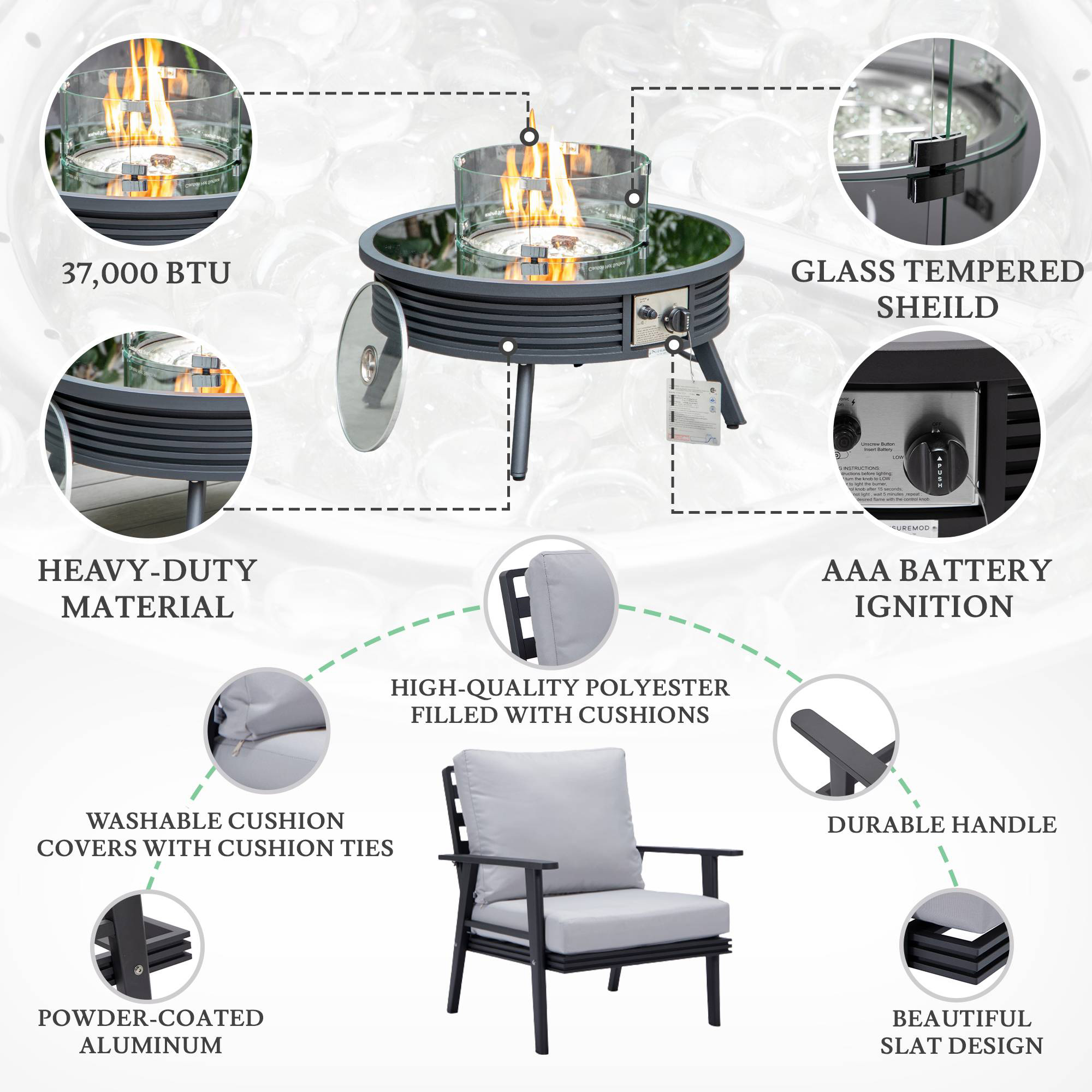 LeisureMod Walbrooke Modern Black Patio Conversation With Round Fire Pit With Slats Design & Tank Holder - Light Gray