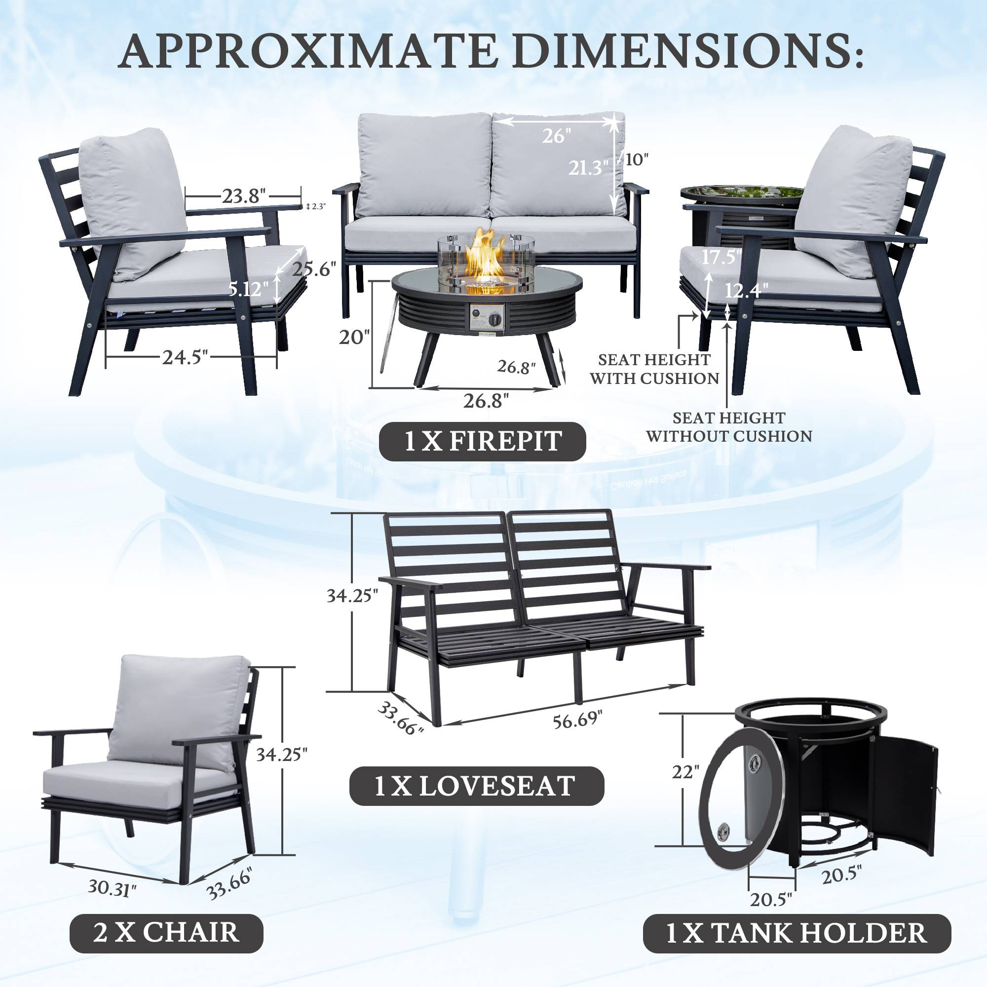 LeisureMod Walbrooke Modern Black Patio Conversation With Round Fire Pit With Slats Design & Tank Holder - Light Gray