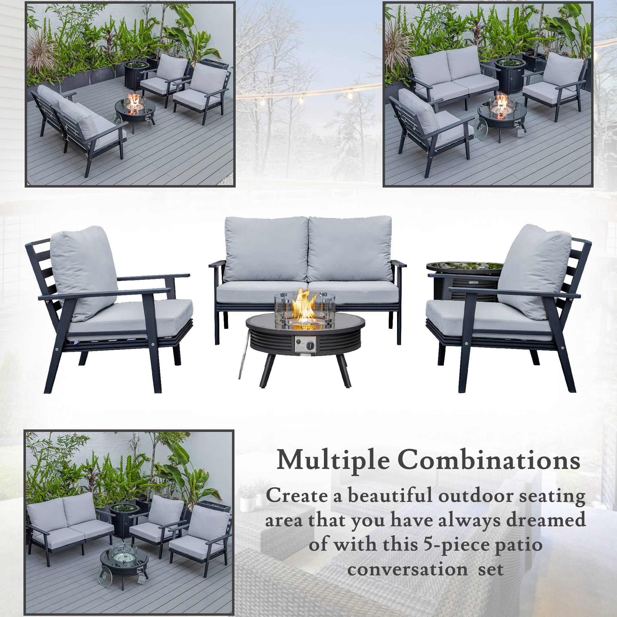 LeisureMod Walbrooke Modern Black Patio Conversation With Round Fire Pit With Slats Design & Tank Holder - Light Gray