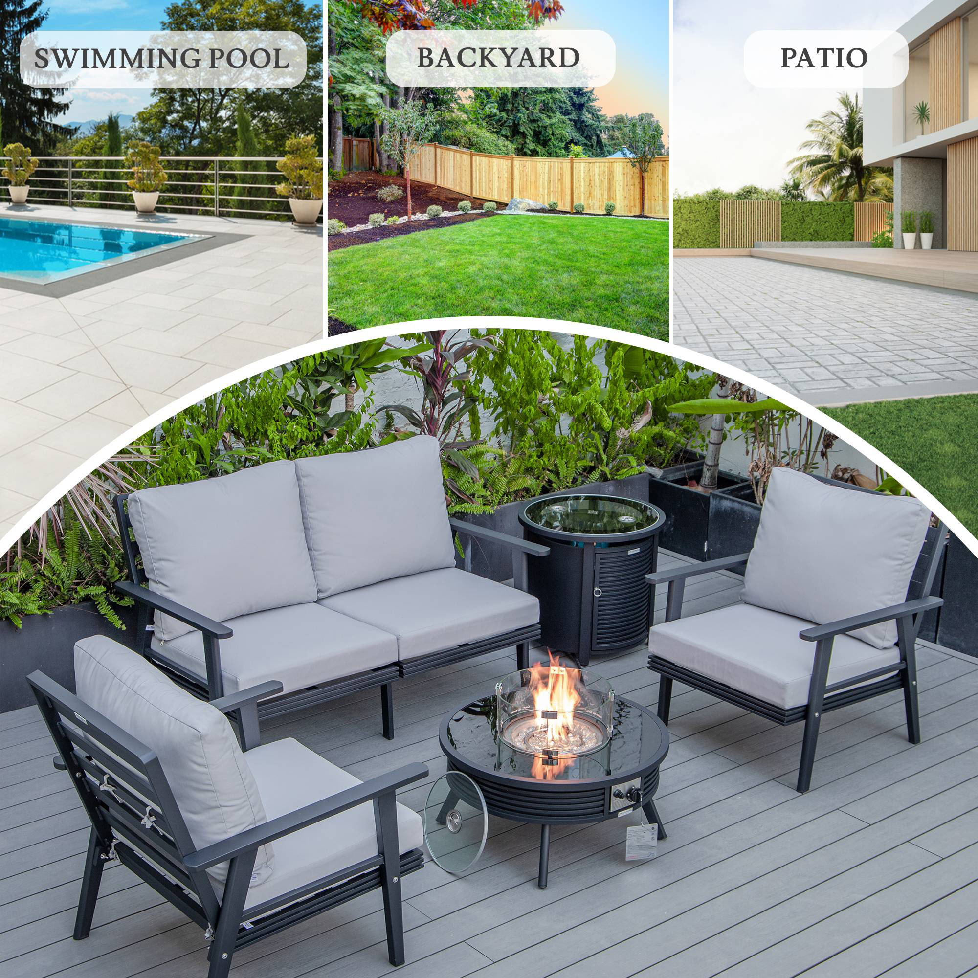 LeisureMod Walbrooke Modern Black Patio Conversation With Round Fire Pit With Slats Design & Tank Holder - Light Gray