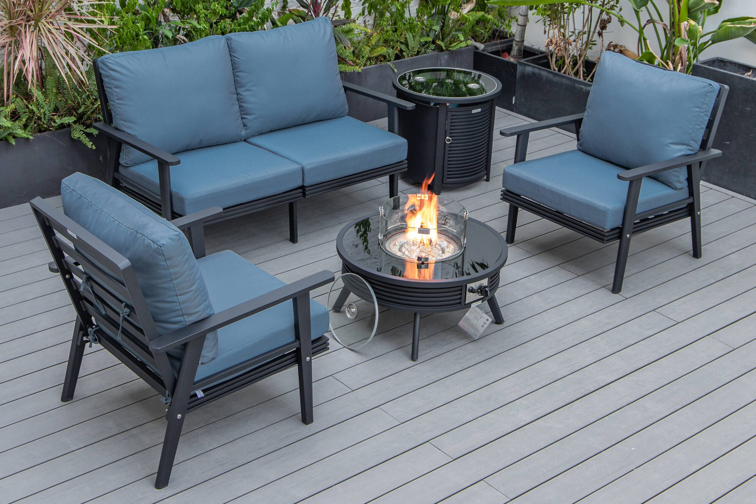 LeisureMod Walbrooke Modern Black Patio Conversation With Round Fire Pit With Slats Design & Tank Holder