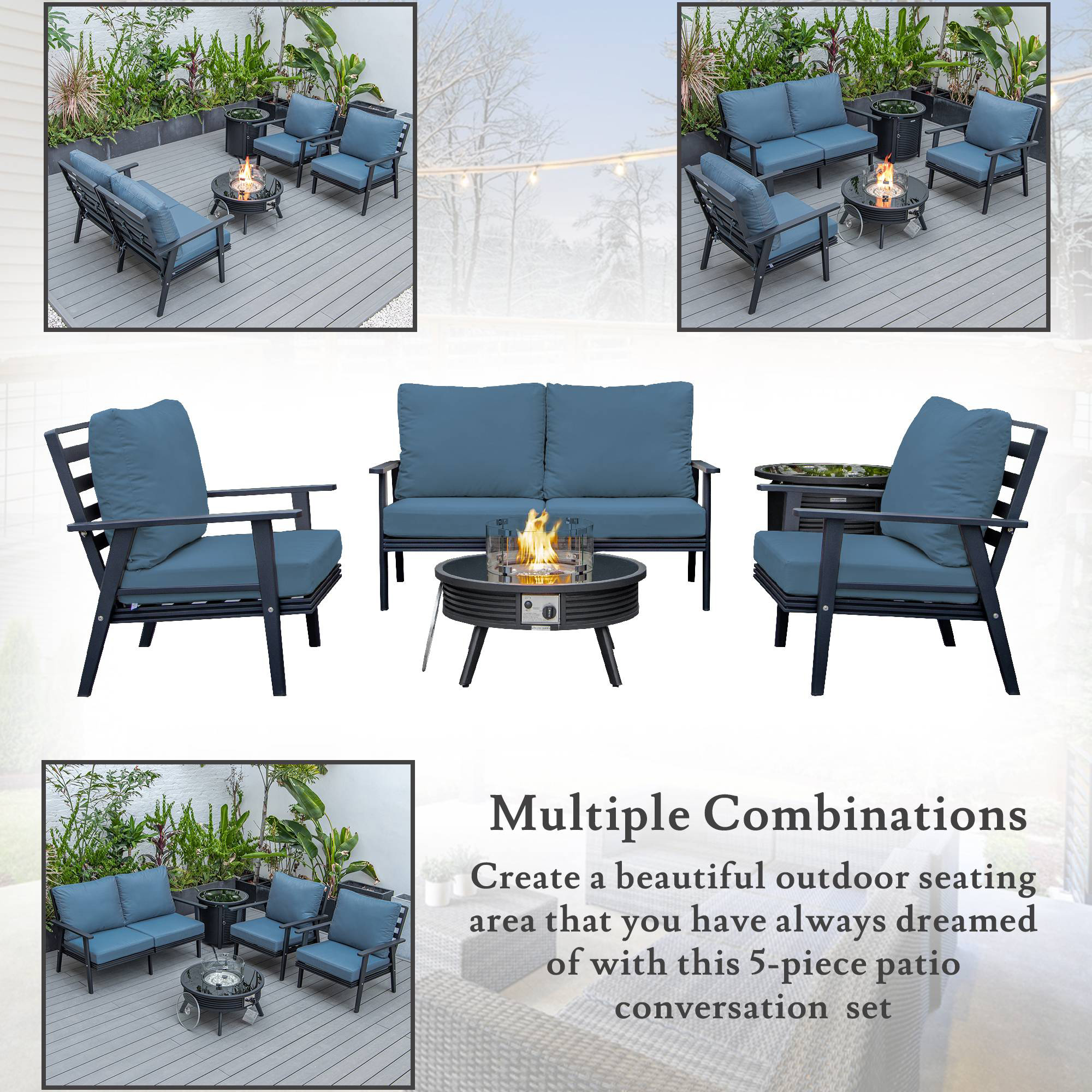 LeisureMod Walbrooke Modern Black Patio Conversation With Round Fire Pit With Slats Design & Tank Holder - Navy Blue