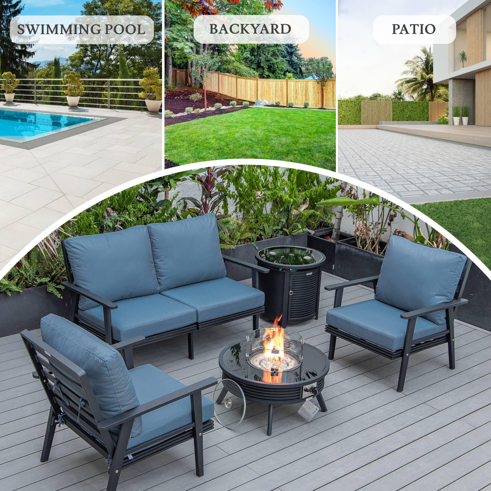 LeisureMod Walbrooke Modern Black Patio Conversation With Round Fire Pit With Slats Design & Tank Holder - Navy Blue