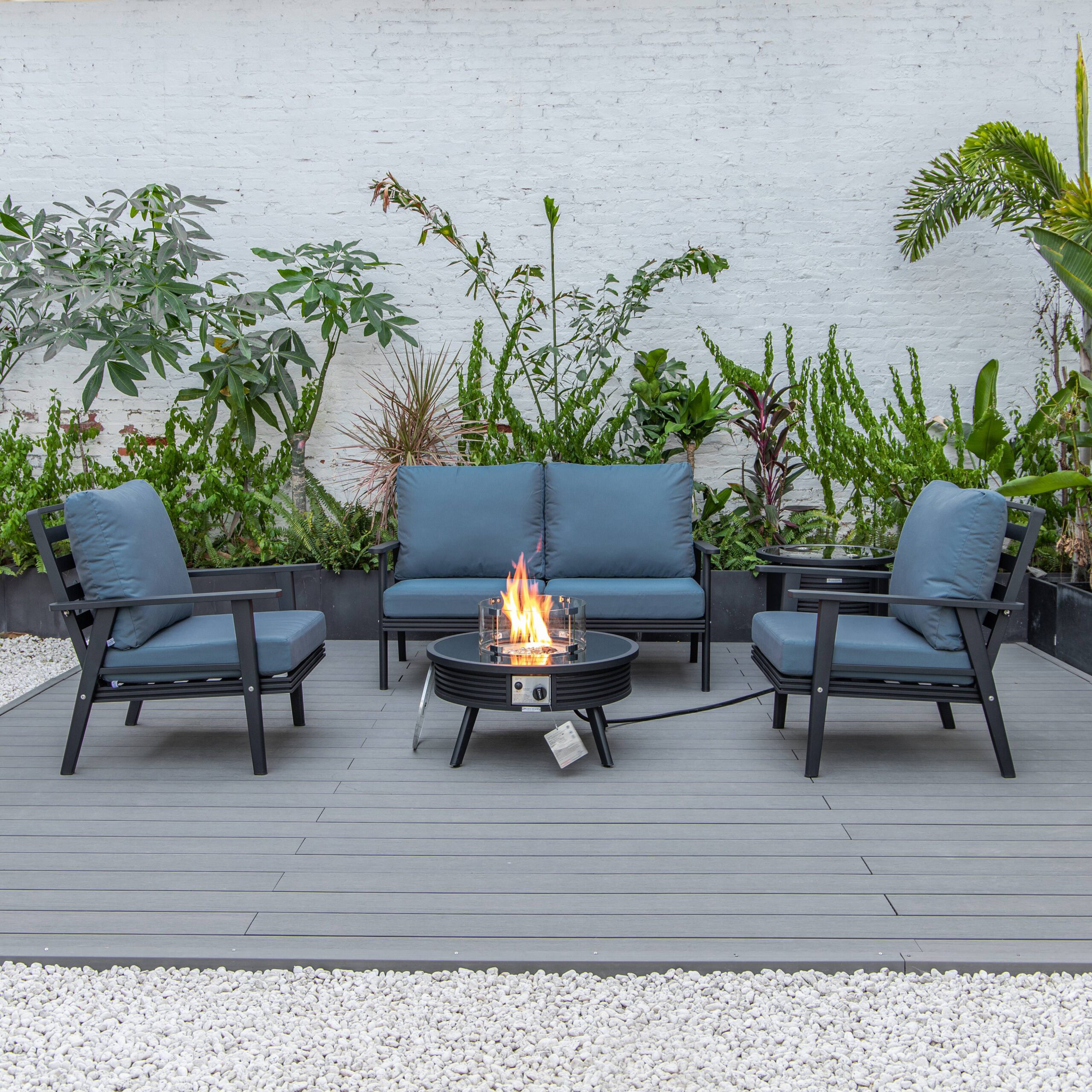 LeisureMod Walbrooke Modern Black Patio Conversation With Round Fire Pit With Slats Design & Tank Holder - Navy Blue