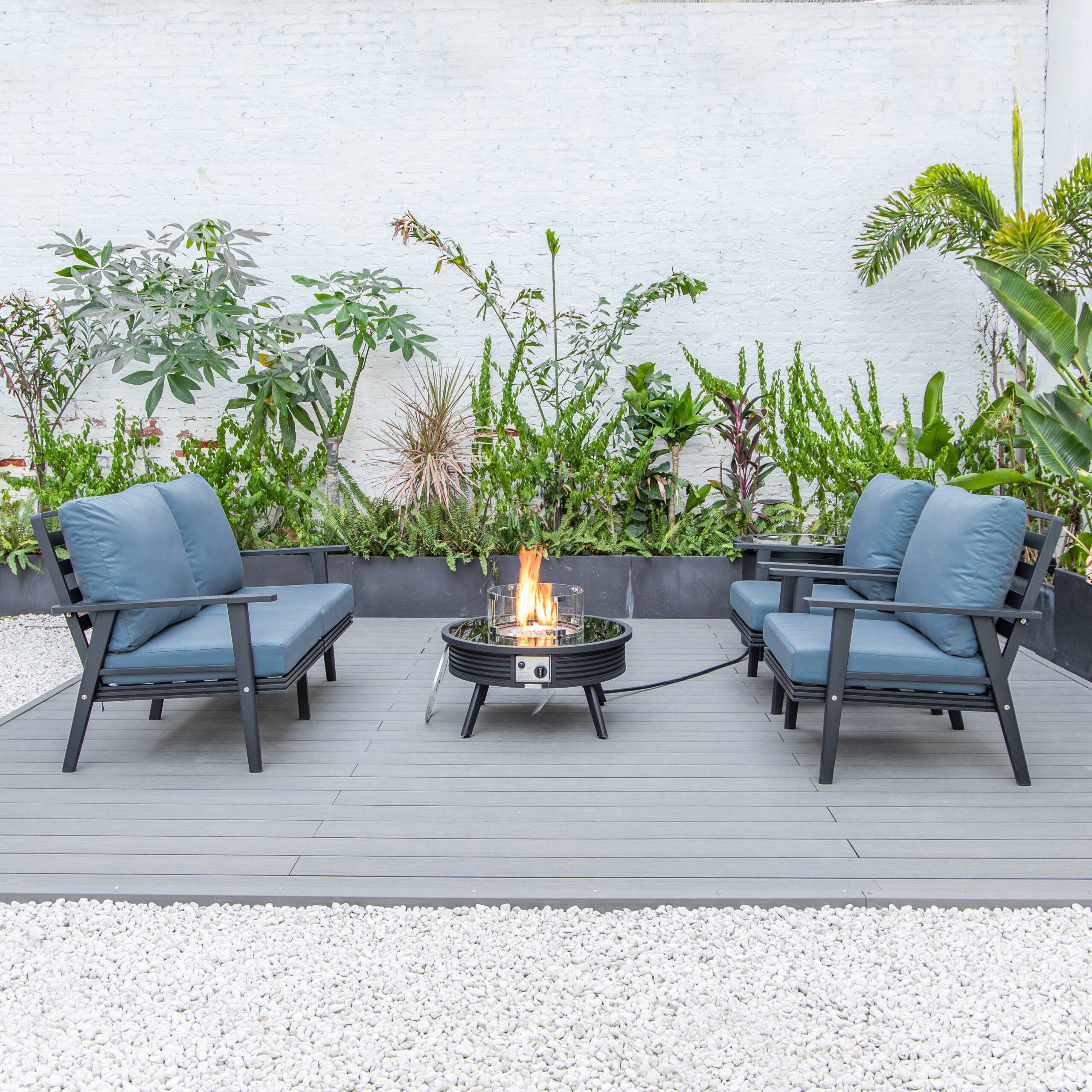 LeisureMod Walbrooke Modern Black Patio Conversation With Round Fire Pit With Slats Design & Tank Holder - Navy Blue