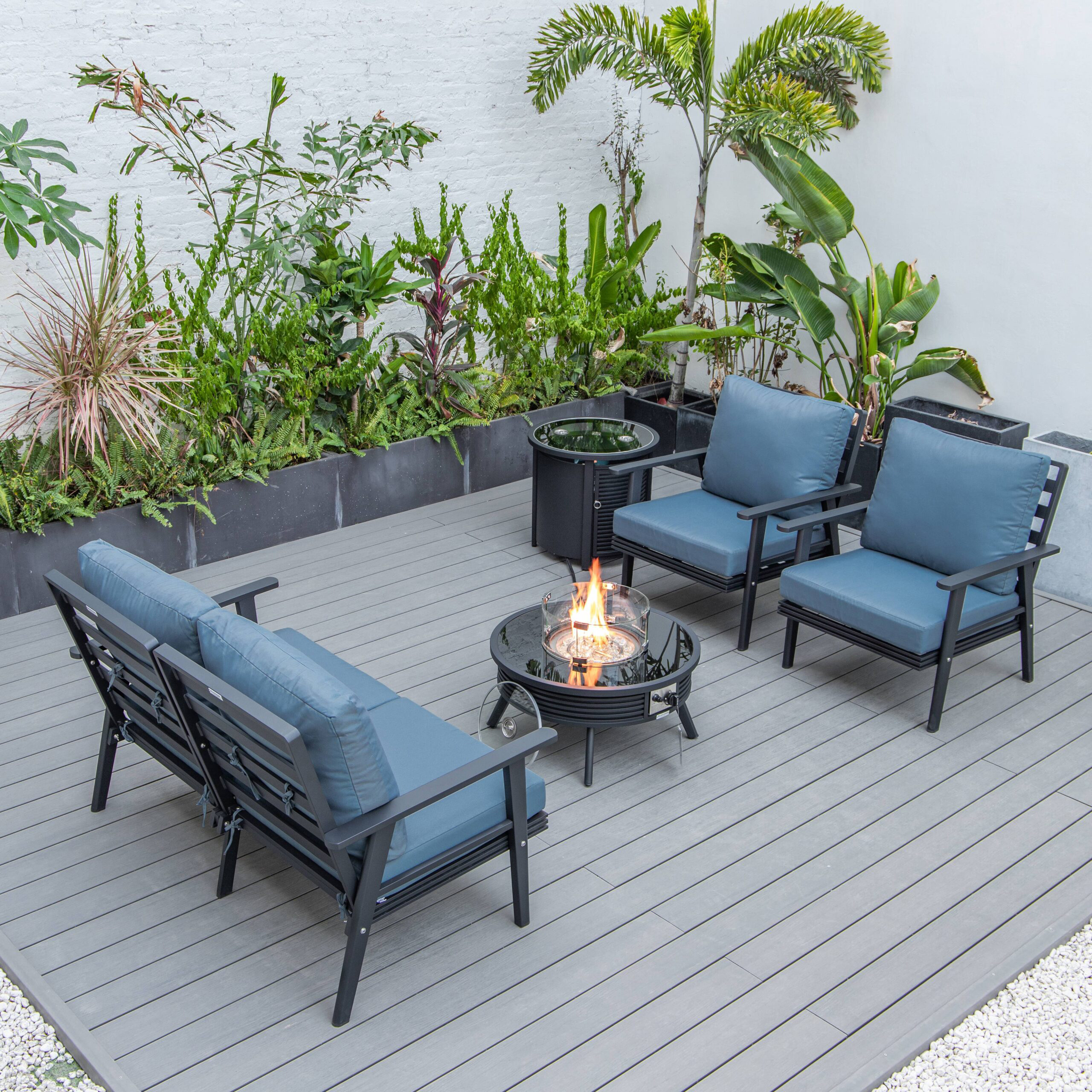 LeisureMod Walbrooke Modern Black Patio Conversation With Round Fire Pit With Slats Design & Tank Holder - Navy Blue